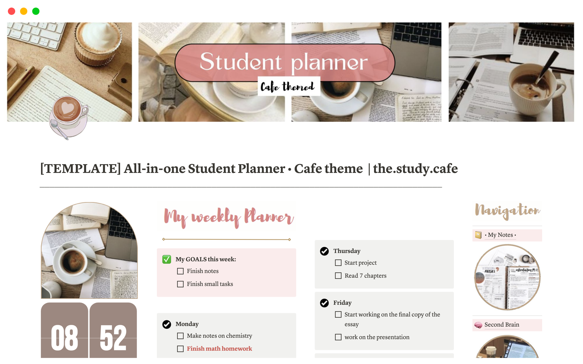 En forhåndsvisning av mal for All-in-one Student Planner • Cafe theme
