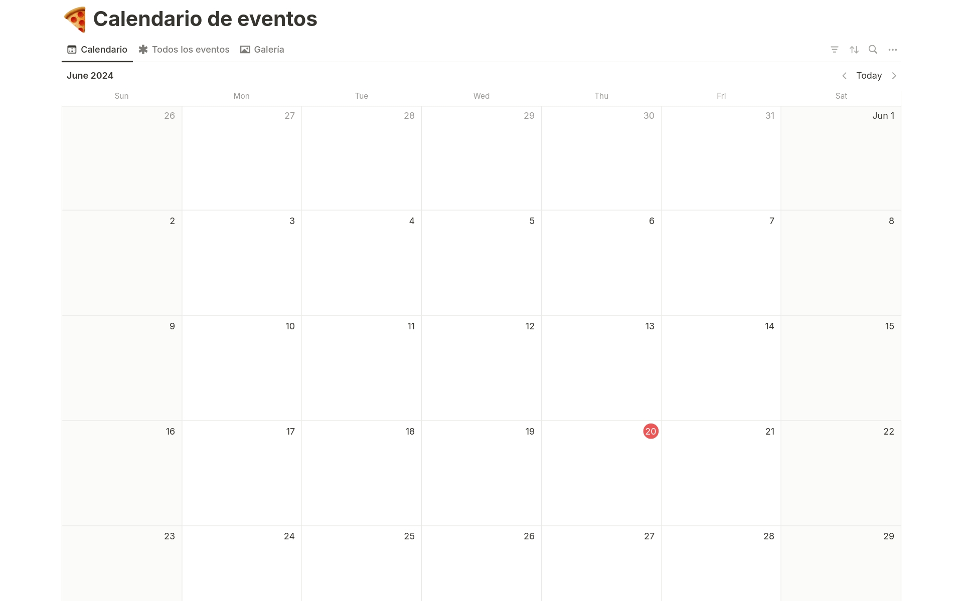 Vista previa de plantilla para Calendario de eventos