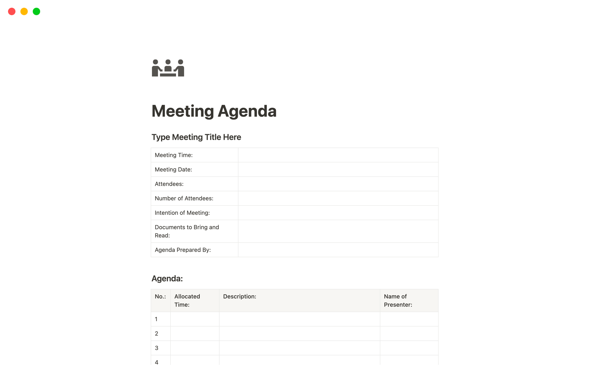 Vista previa de plantilla para Meeting Agenda Template