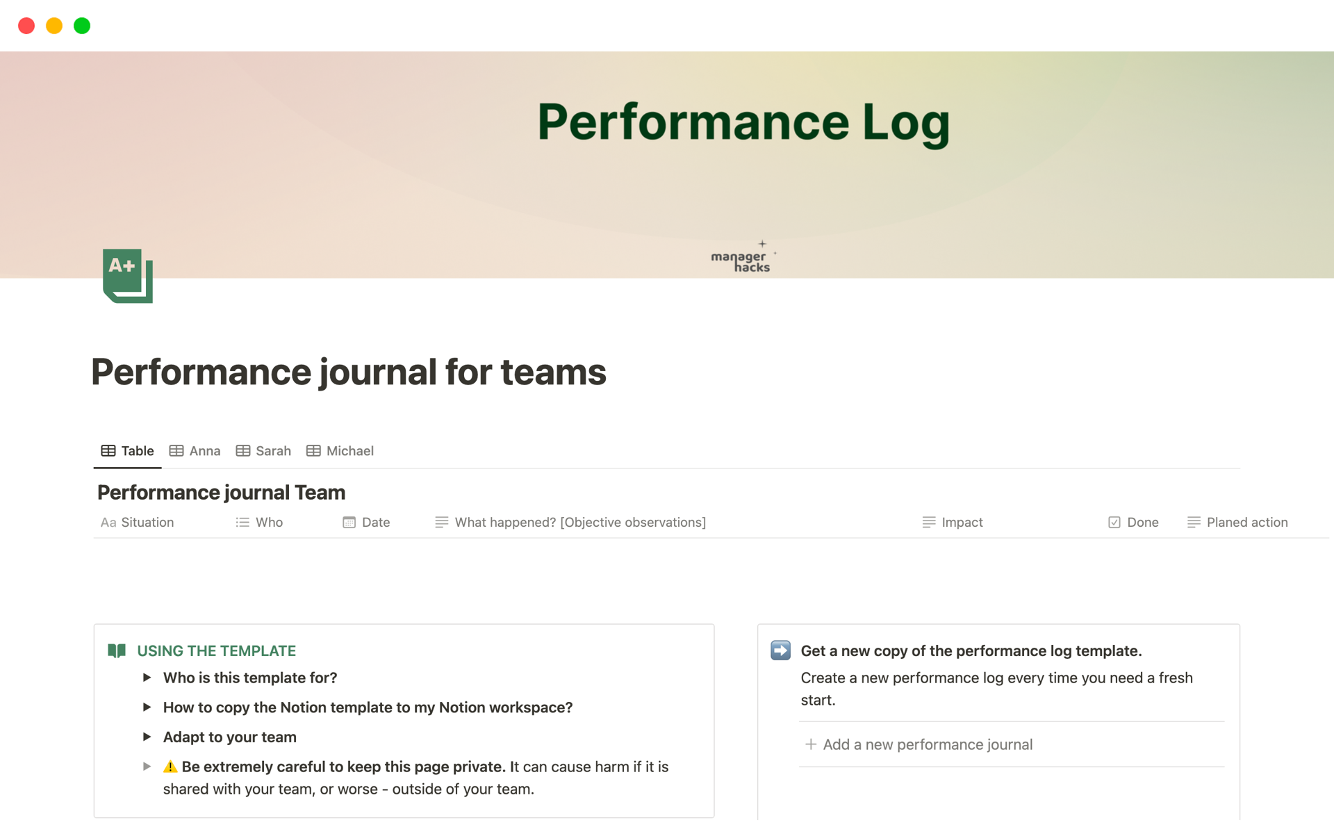 En förhandsgranskning av mallen för Performance journal for teams