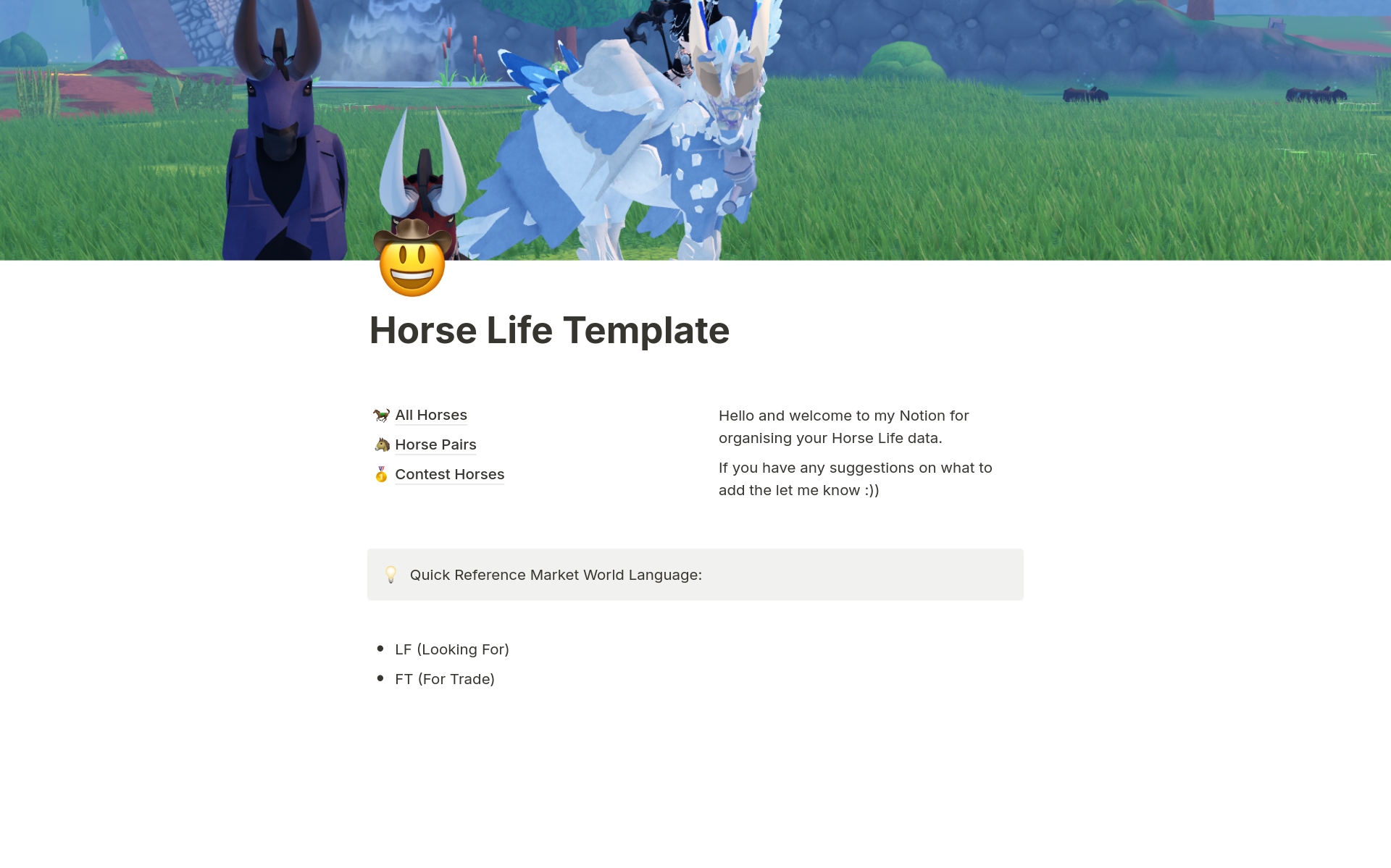 Eine Vorlagenvorschau für Horse Life Planning (Roblox)