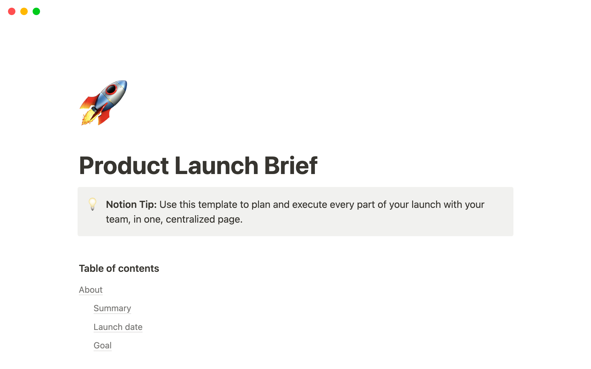 En förhandsgranskning av mallen för Product Launch Brief