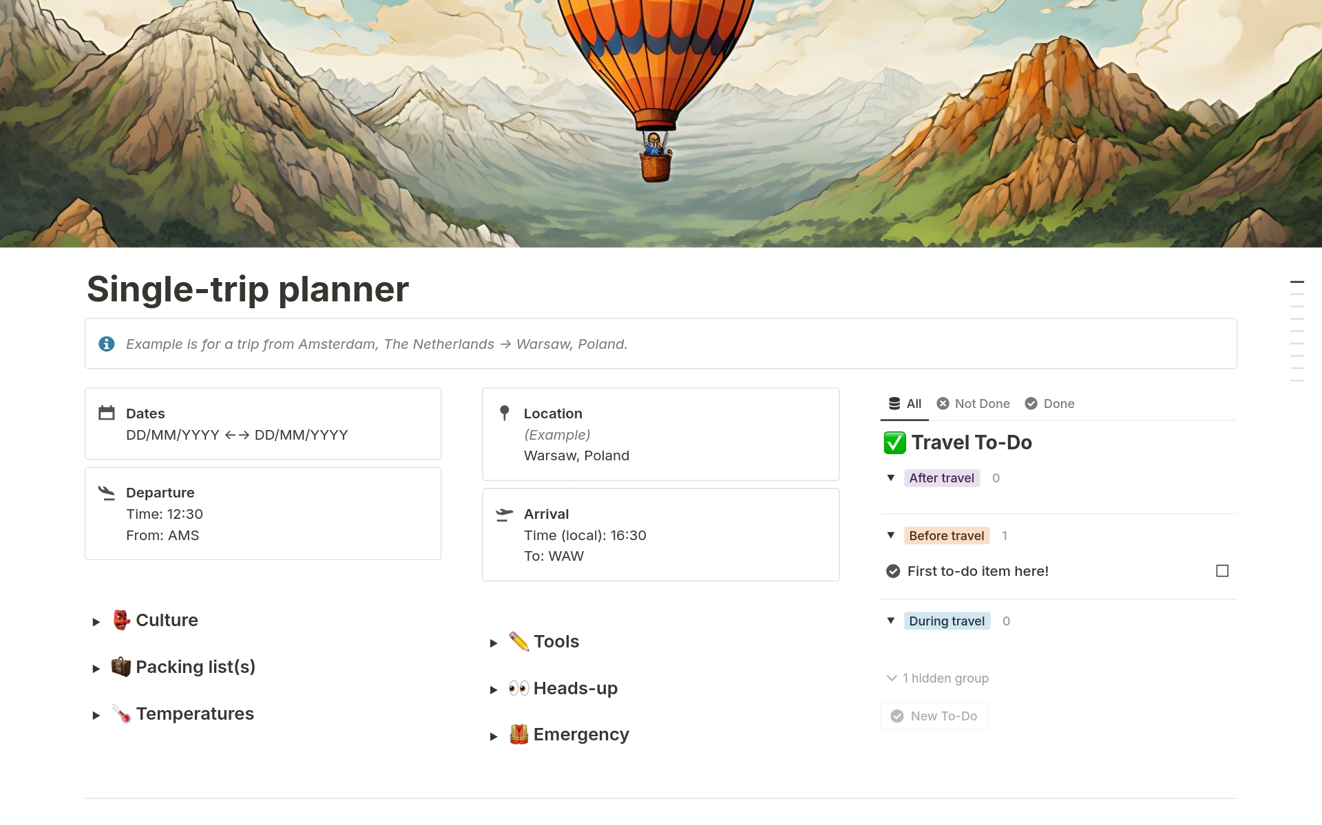 A template preview for Single-trip planner