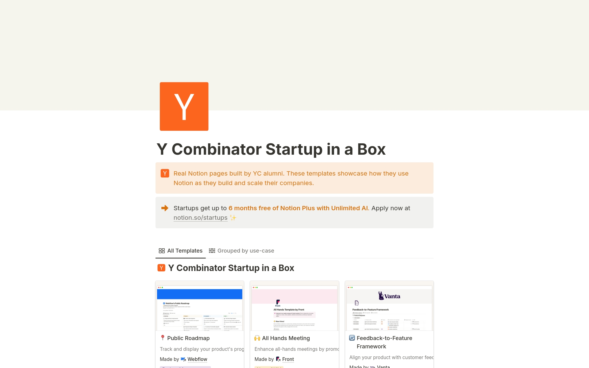 A template preview for Y Combinator Startup in a Box
