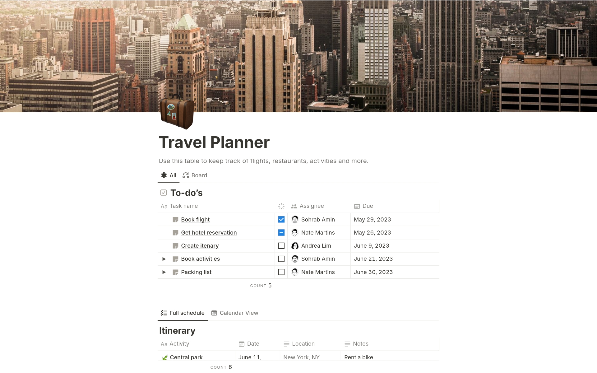 En förhandsgranskning av mallen för Travel planner
