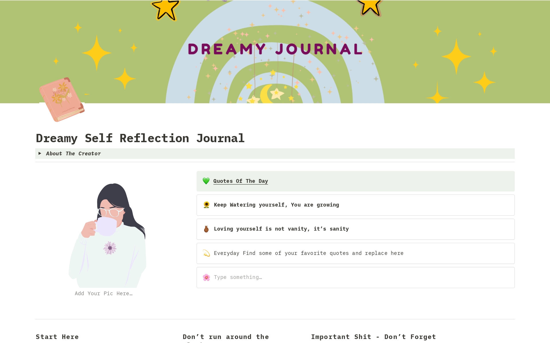 En förhandsgranskning av mallen för Dreamy Self Reflection Journal