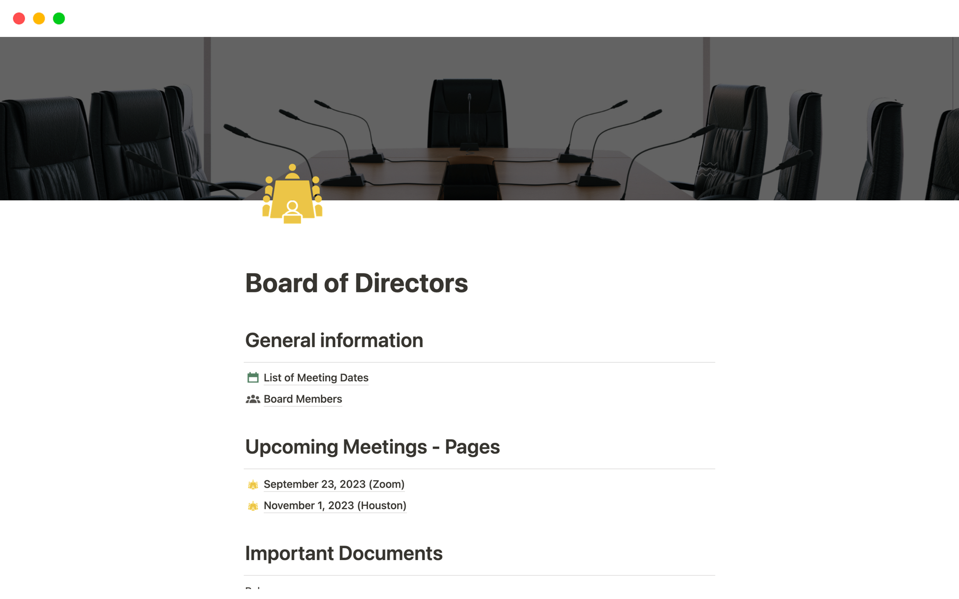 En forhåndsvisning av mal for Board of Directors