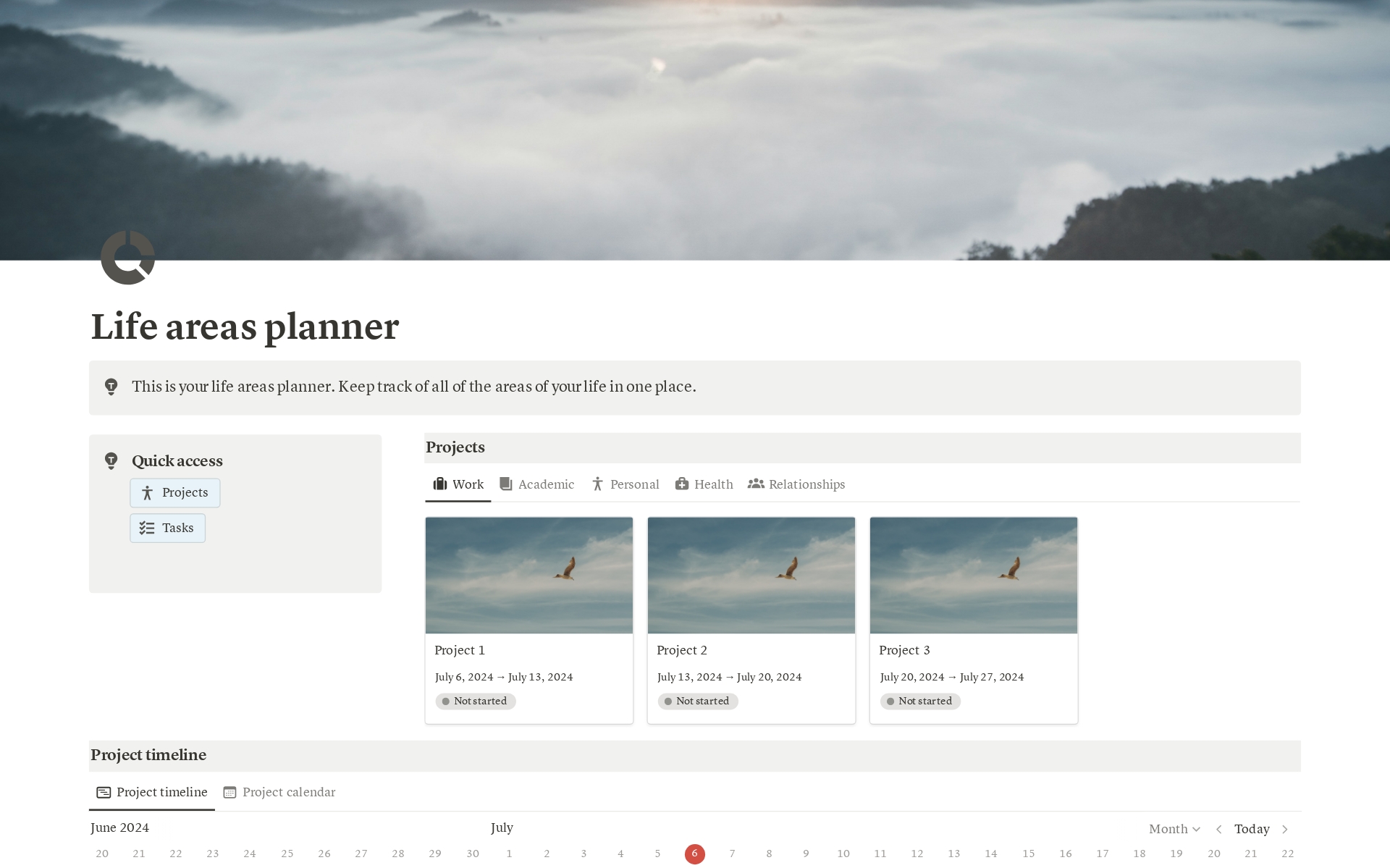 A template preview for Life areas planner