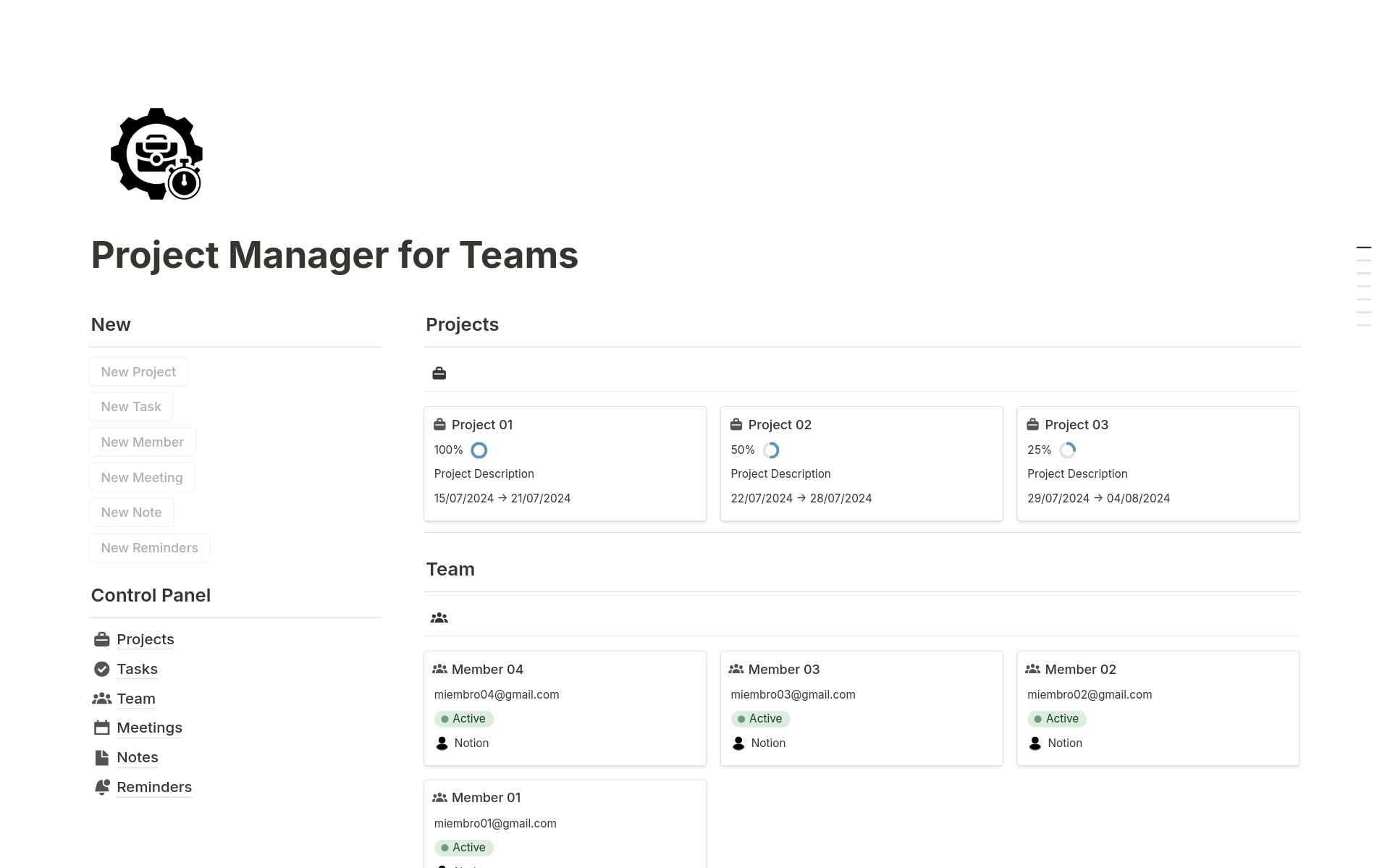 En forhåndsvisning av mal for Project Manager for Teams