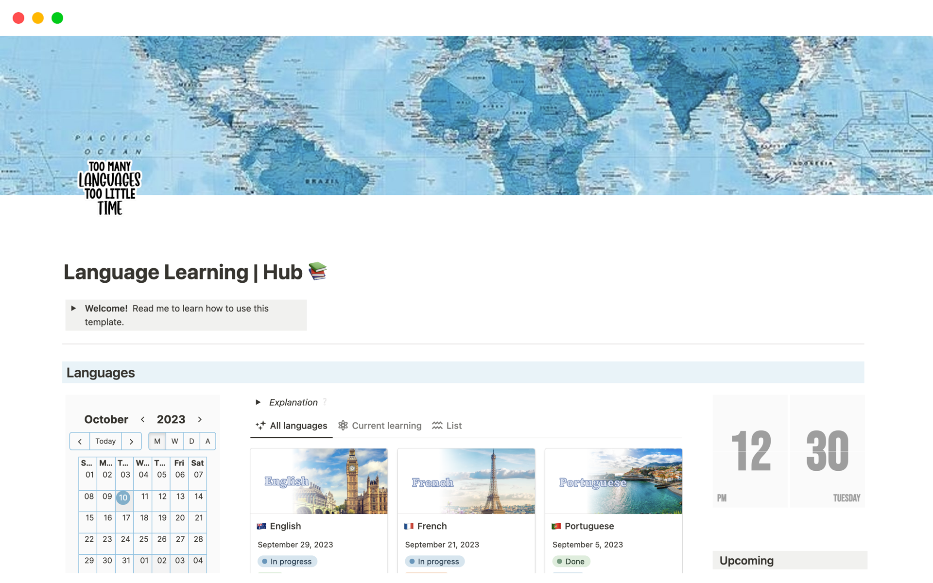 En förhandsgranskning av mallen för Language Learning | Hub