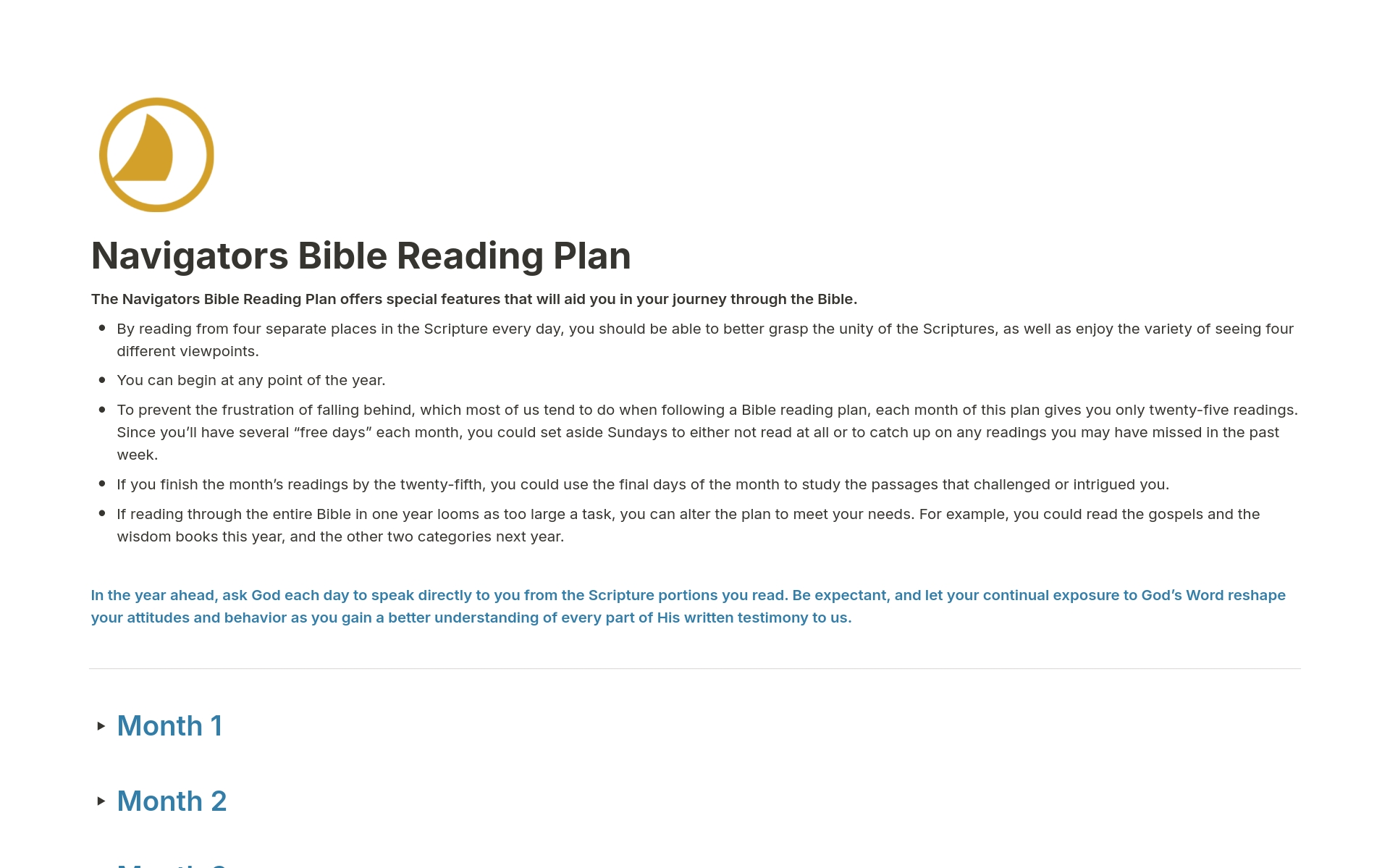 Dive deep into scripture with the Navigators Bible Reading Plan. You can use this Notion template to track your progress through the plan year-round on desktop or mobile.