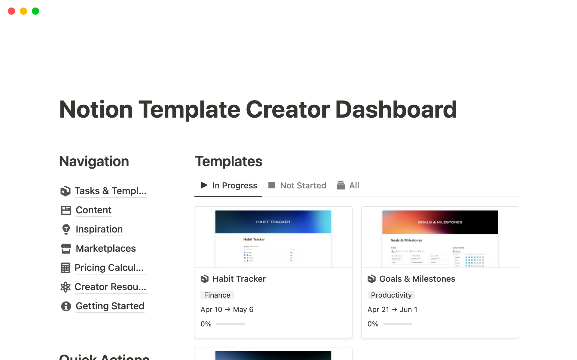 En förhandsgranskning av mallen för Notion Template Creator Dashboard
