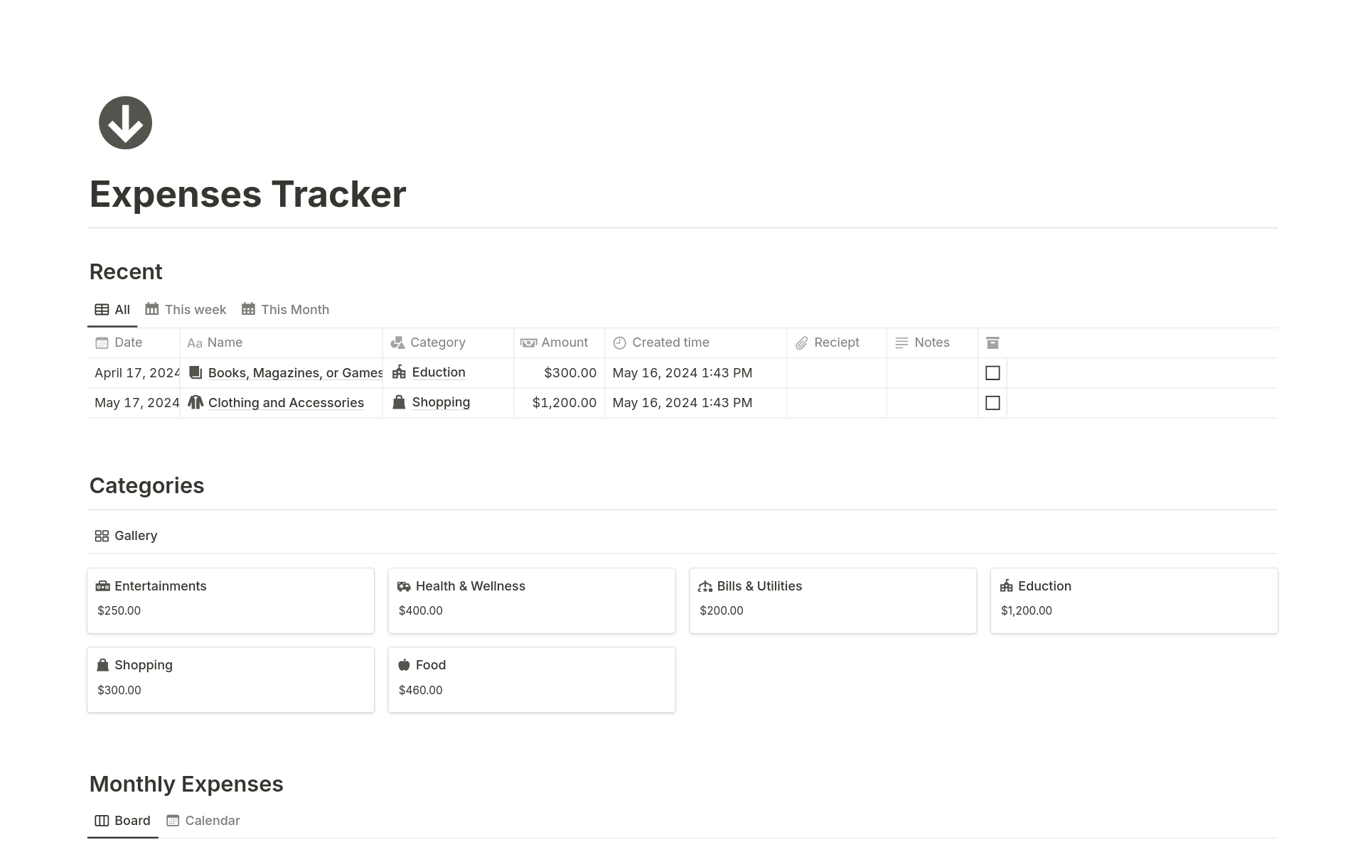 Monitor your daily expenses and spending with Notion.

A Notion template designed to help you track your expenses. With this template, you can gain valuable insights into your spending habits, identify unnecessary expenditures, and make informed decisions to improve your financia