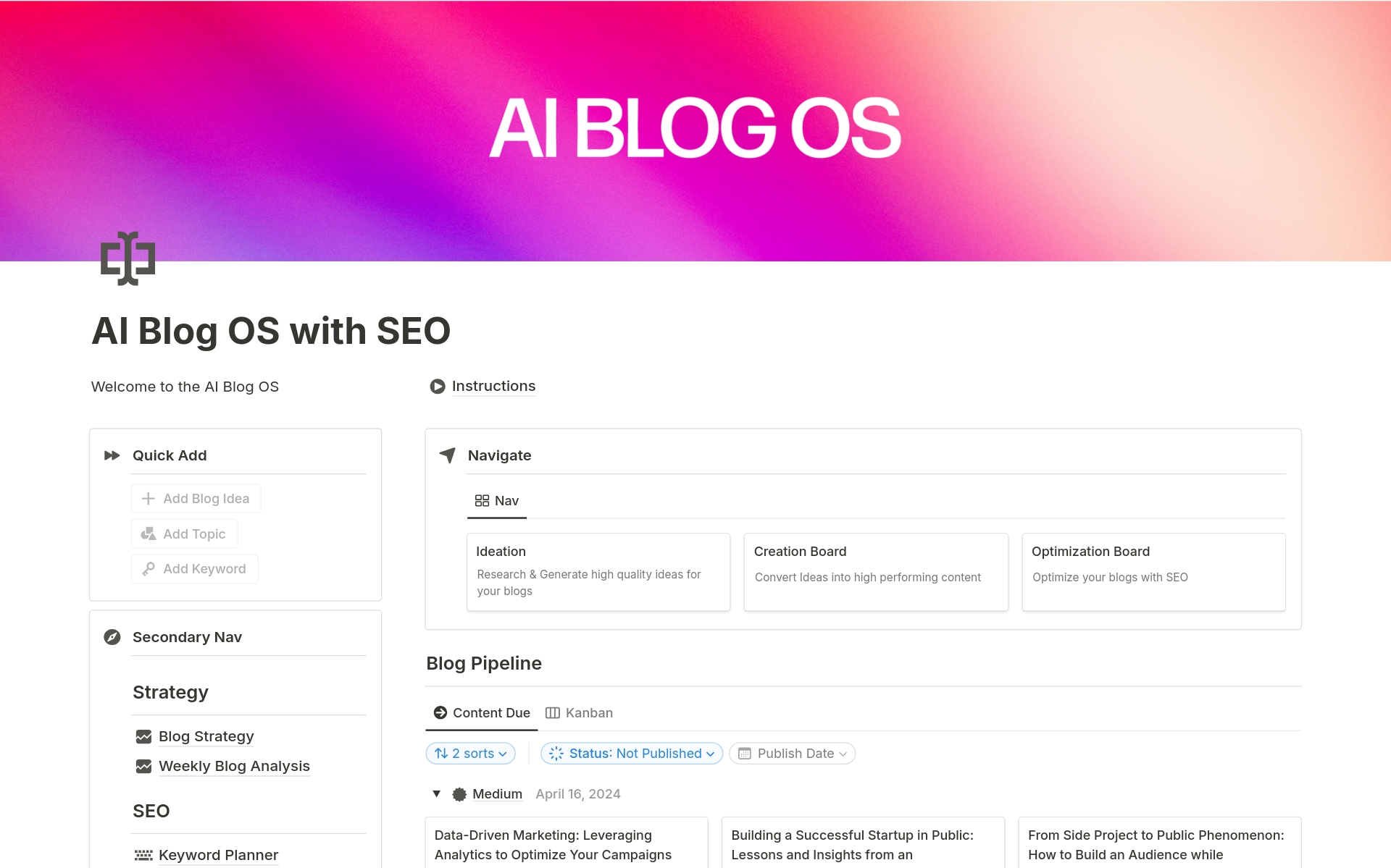En förhandsgranskning av mallen för AI Blog OS with SEO