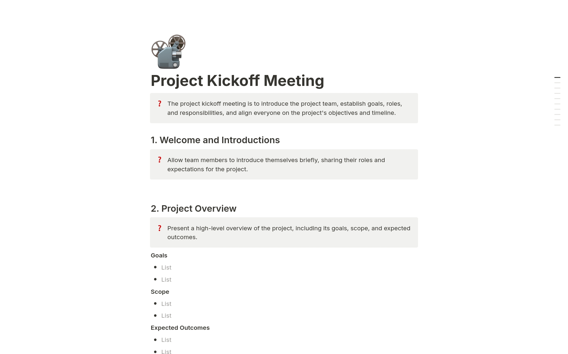 A template preview for Project Kickoff Meeting