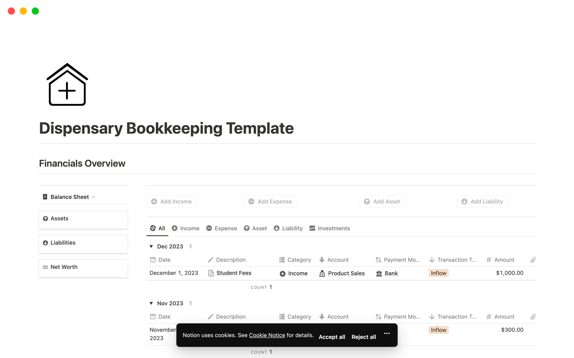 This bookkeeping template provides best solution for dispensaries to manage their business finances, produce income statement, balance sheet, cash flow statement and much more on a periodical basis.     