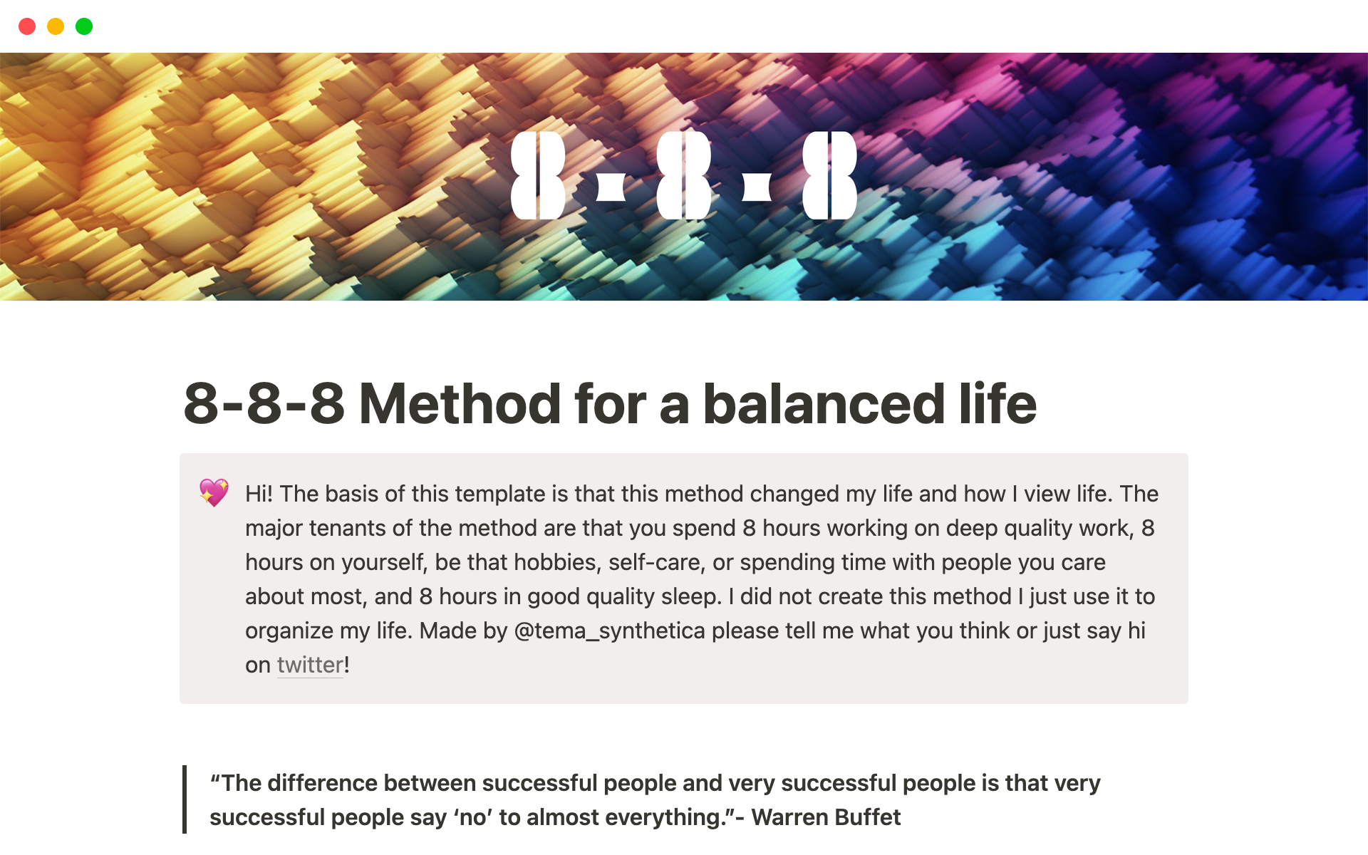 En forhåndsvisning av mal for 8-8-8 Method for a balanced life
