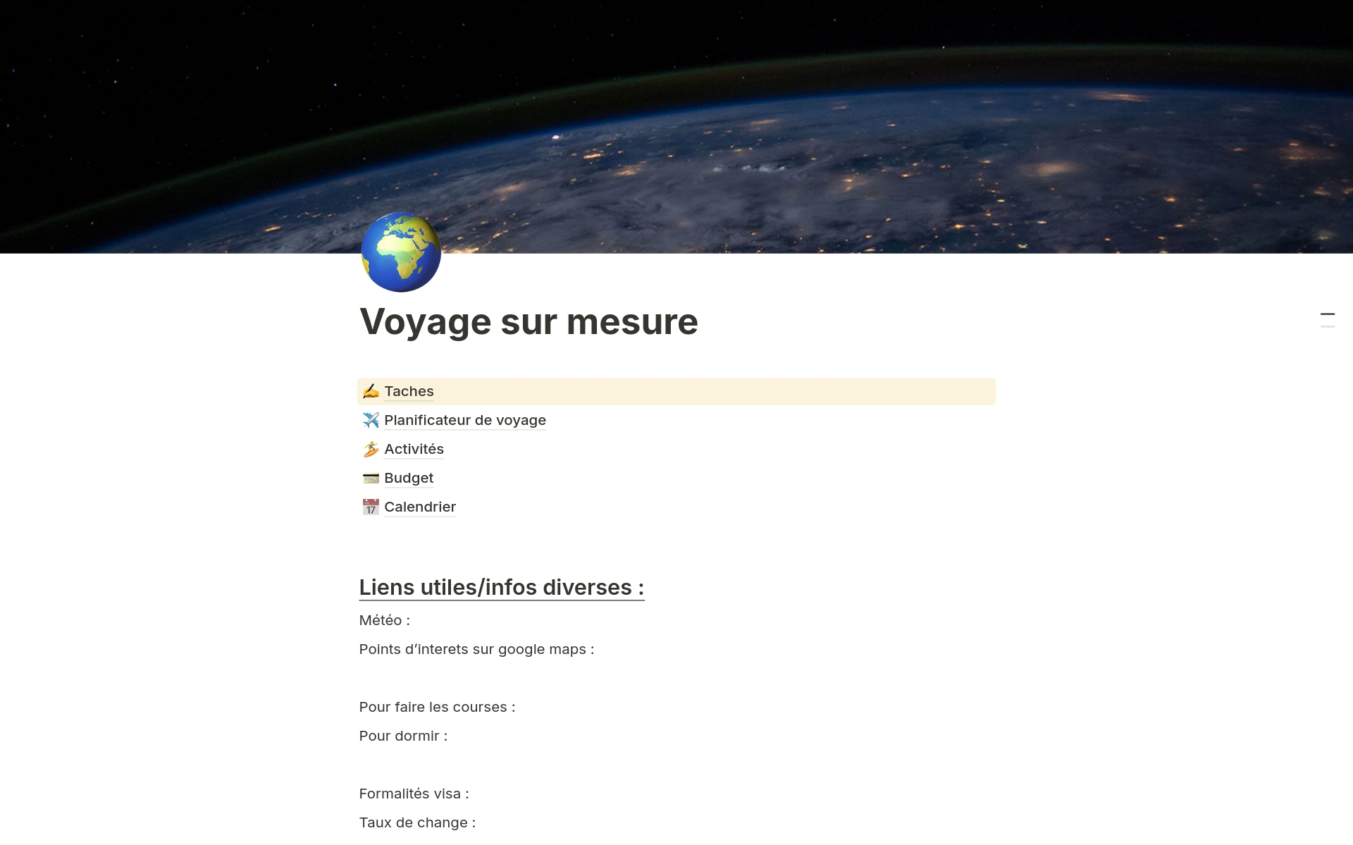 En forhåndsvisning av mal for Voyage sur mesure