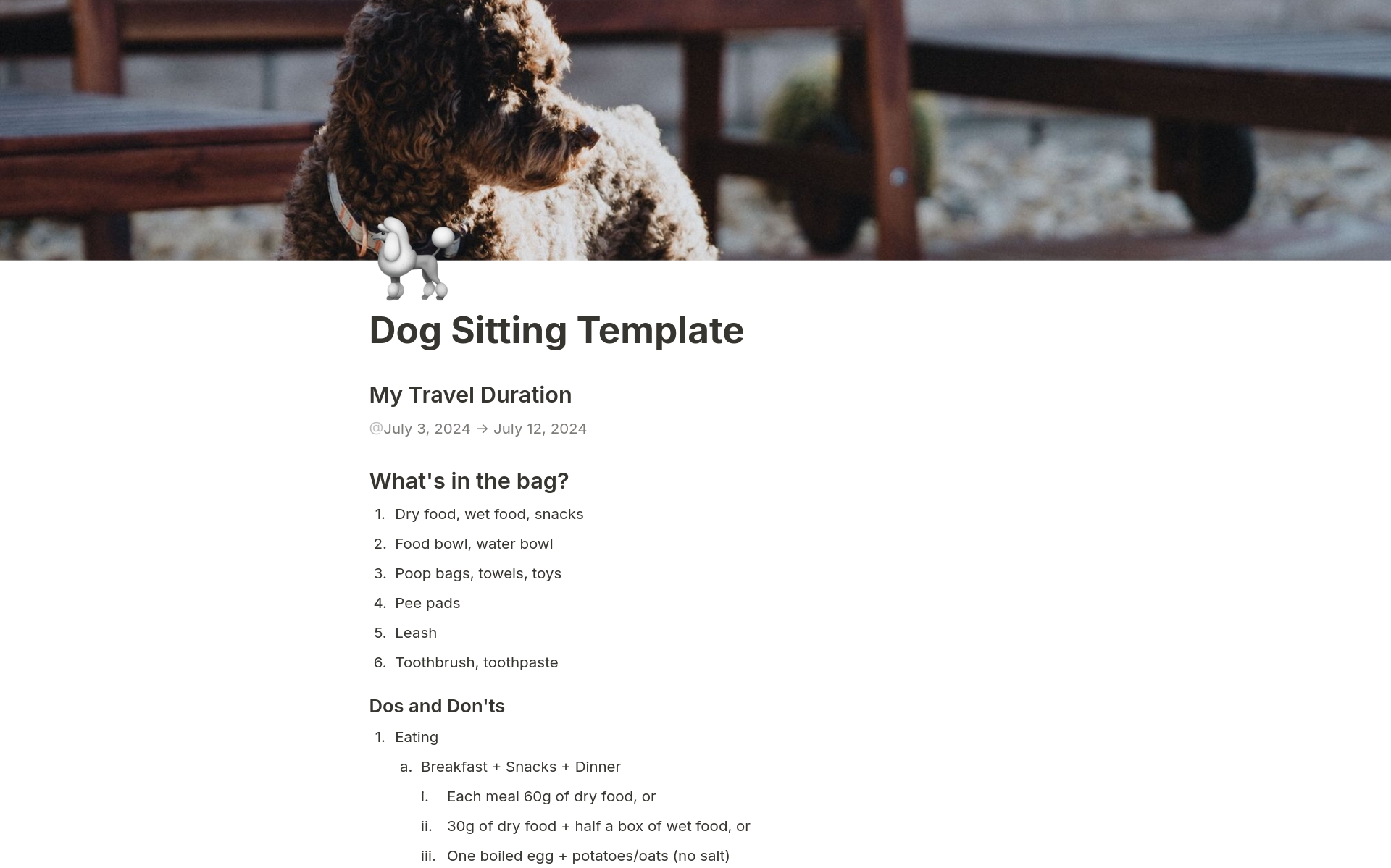 A simple template for putting together a checklist of things when you need to send your dog to other friends. 