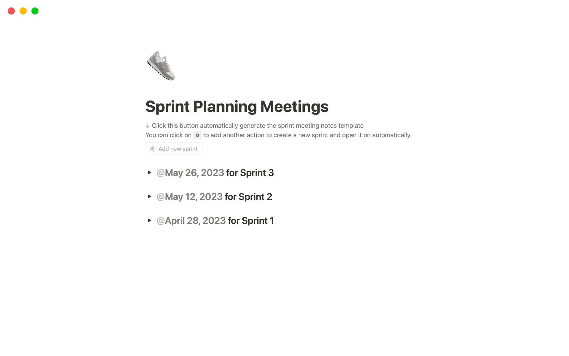 En forhåndsvisning av mal for Sprint Planning Meeting