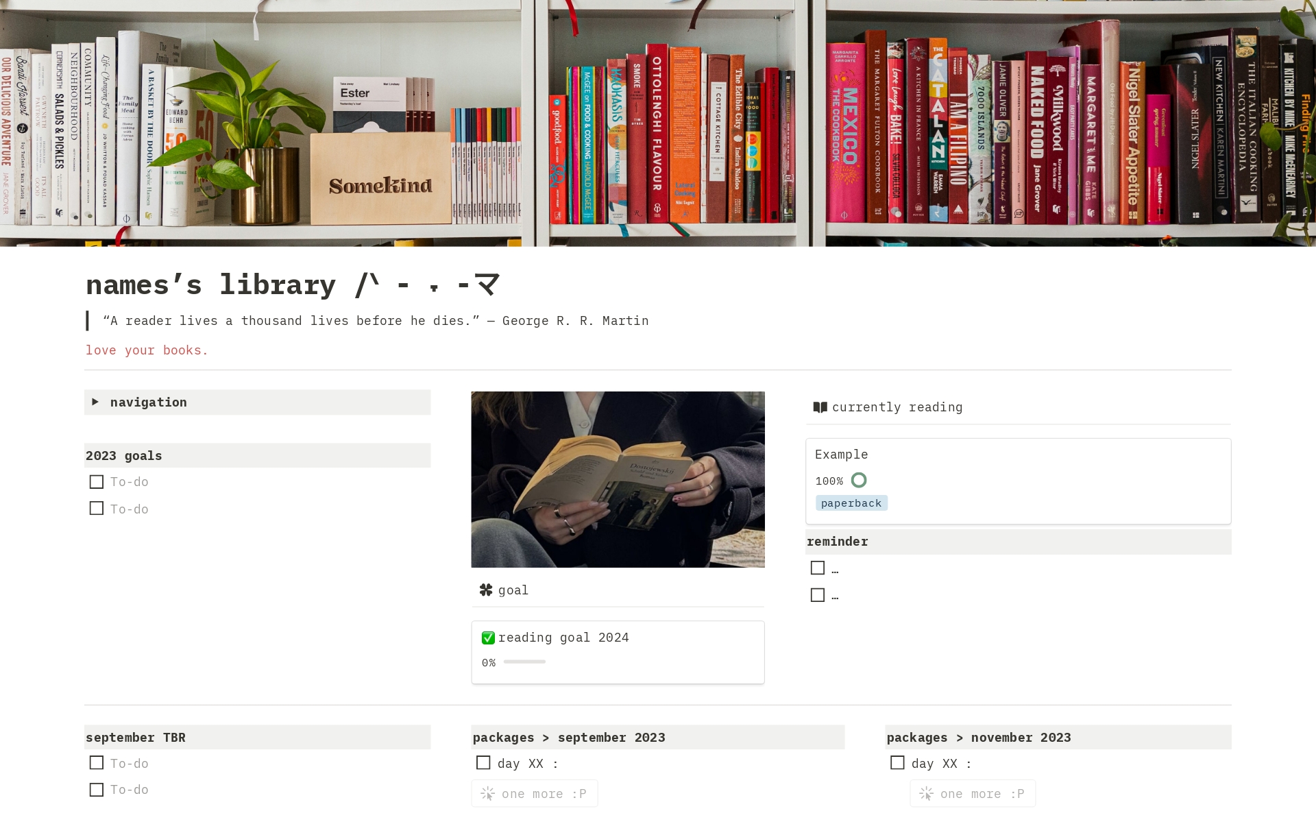 Vista previa de una plantilla para library, book tracker + reading goal