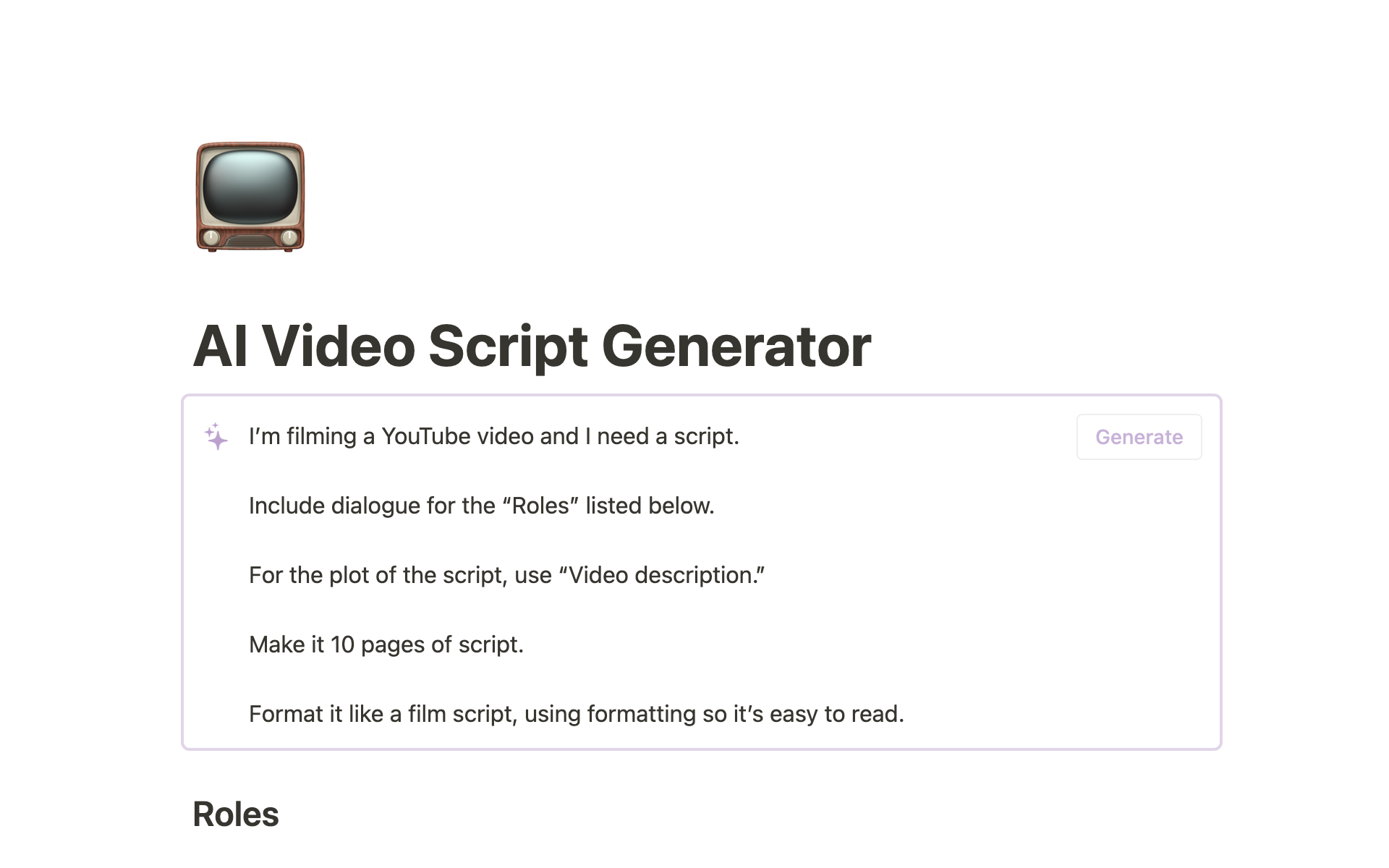 En forhåndsvisning av mal for AI Video Script Generator 