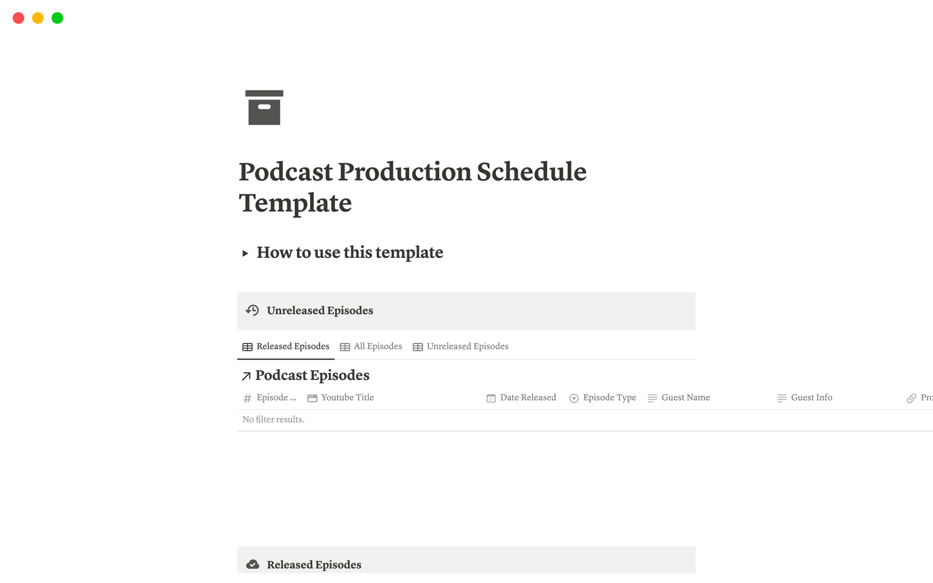 En forhåndsvisning av mal for Podcast Production Schedule Template