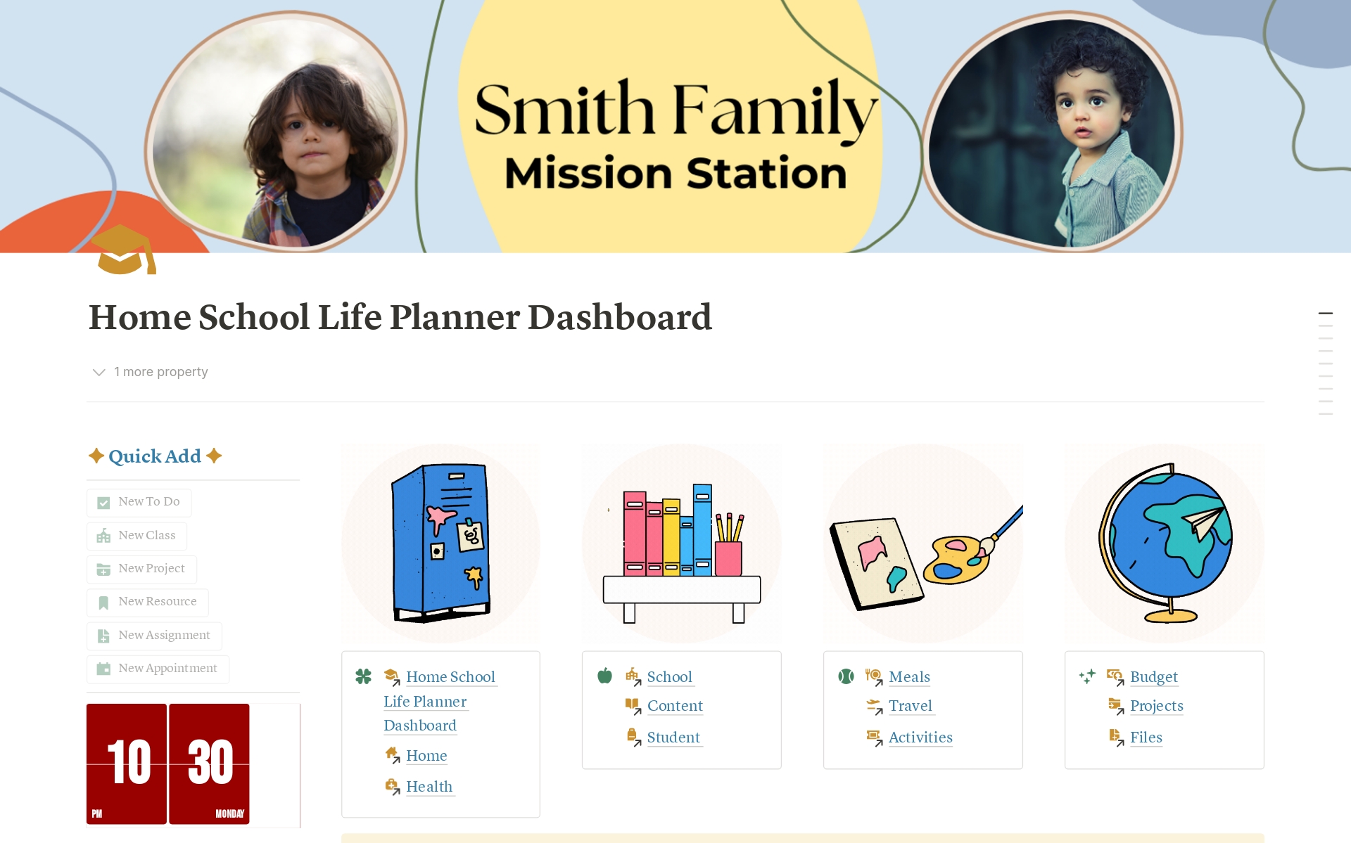 Our digital homeschool planner Notion template is the perfect tool for organizing your kids' lessons, content, actvities and more. This stylish and user-friendly planner helps you manage productivity, health, home, habits, meals, and events with ease.