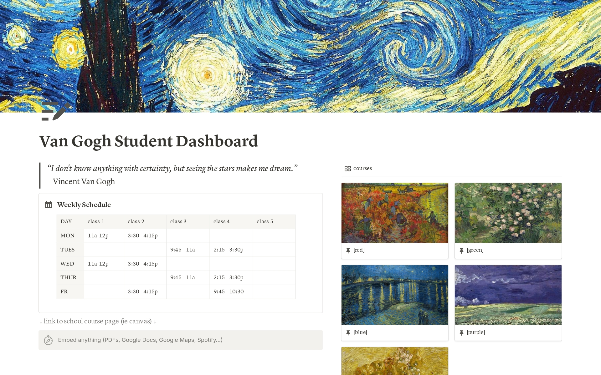 Van Gogh Student Dashboard Template by calamari | Notion Marketplace