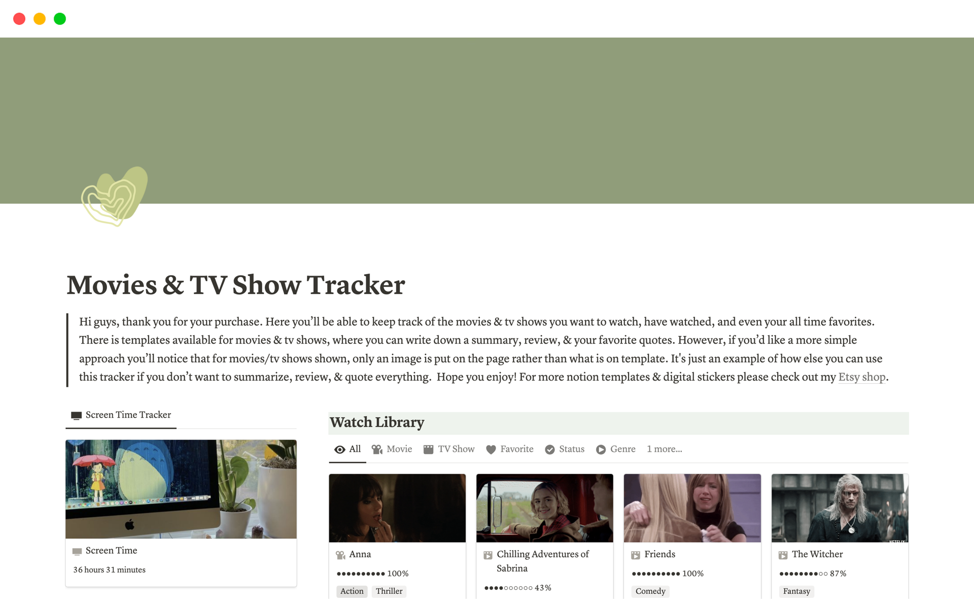 En forhåndsvisning av mal for Movies and TV Show Tracker