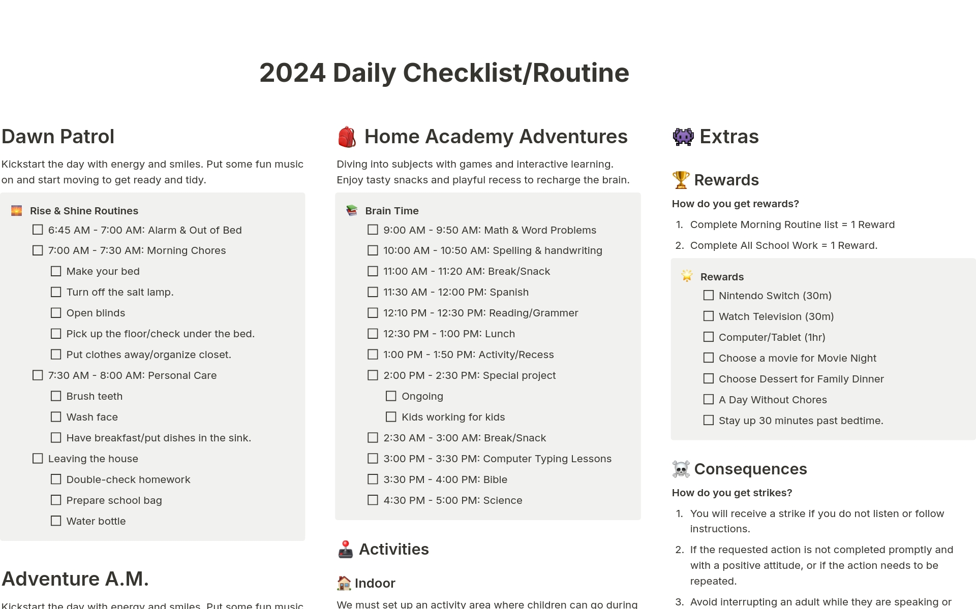 Aperçu du modèle de 2024 Homeschool Daily Routine & Checklist for Kids