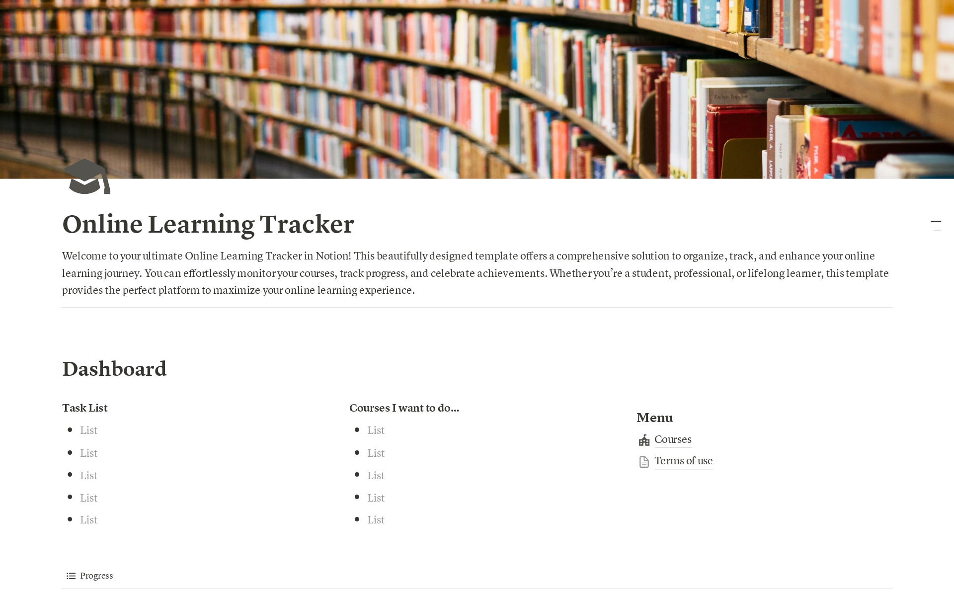 A template preview for Online learning tracker