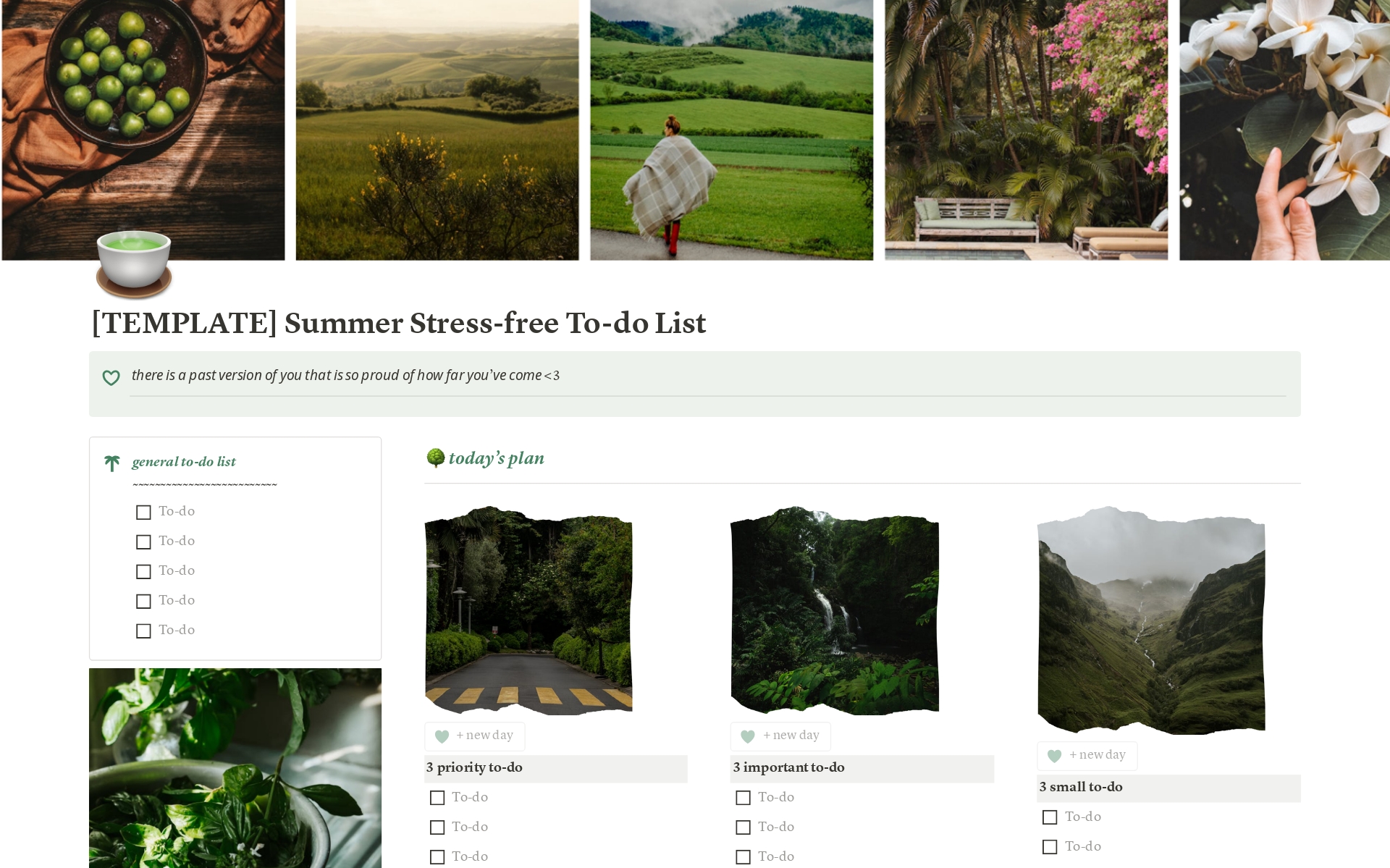 🌿 Summer Stress-free To-do List Notion template: your ultimate companion for seamless task management and self-care routine.

Use the potent "3-3-3 Method": a strategic framework designed to amplify focus and reduce planning stress! 😍