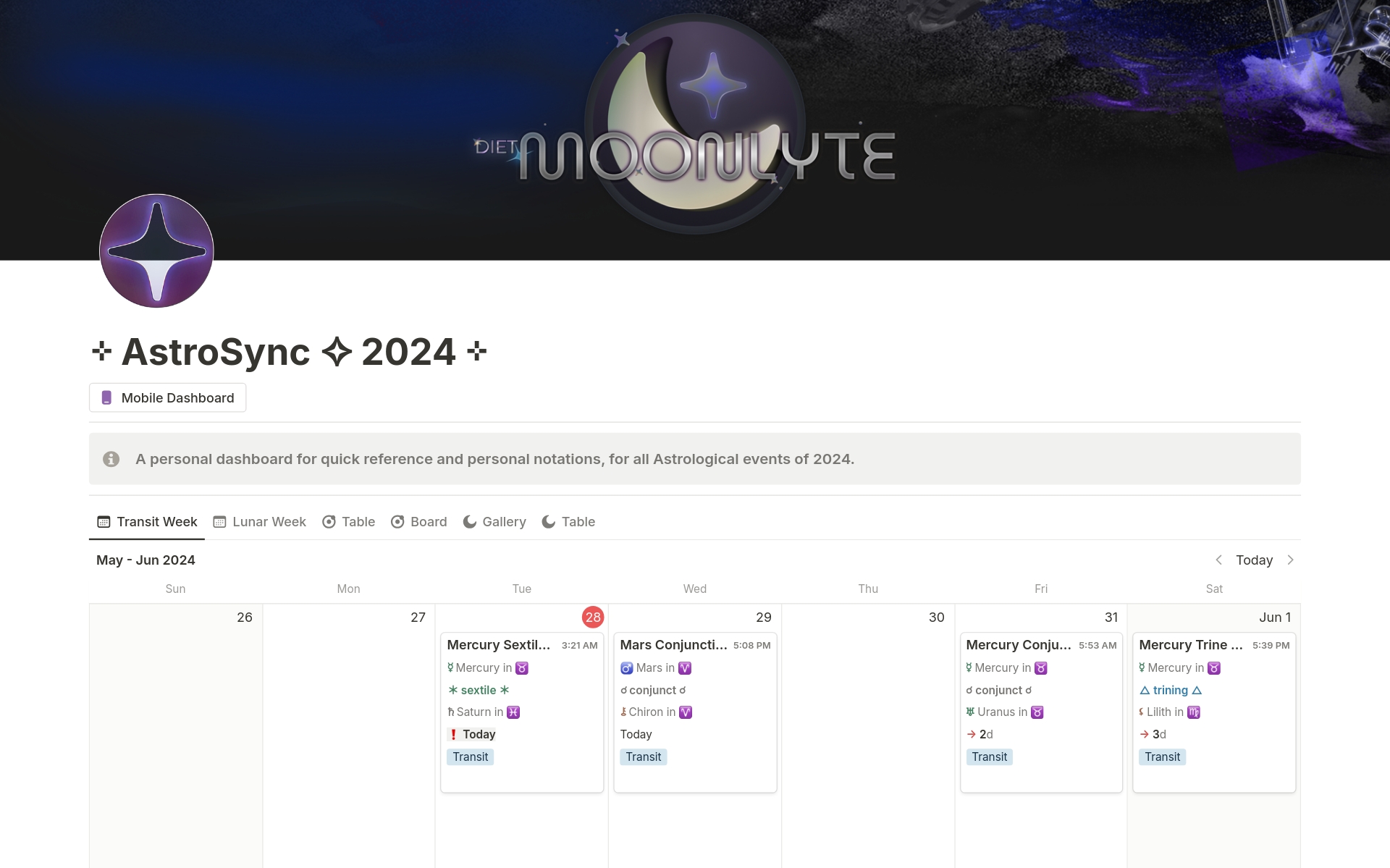 Unlock the power of the stars with AstroSync 2024, the ultimate Notion dashboard designed exclusively for astrology enthusiasts and cosmic planners. This all-in-one tool is your gateway to seamlessly integrating planetary insights into your daily life.