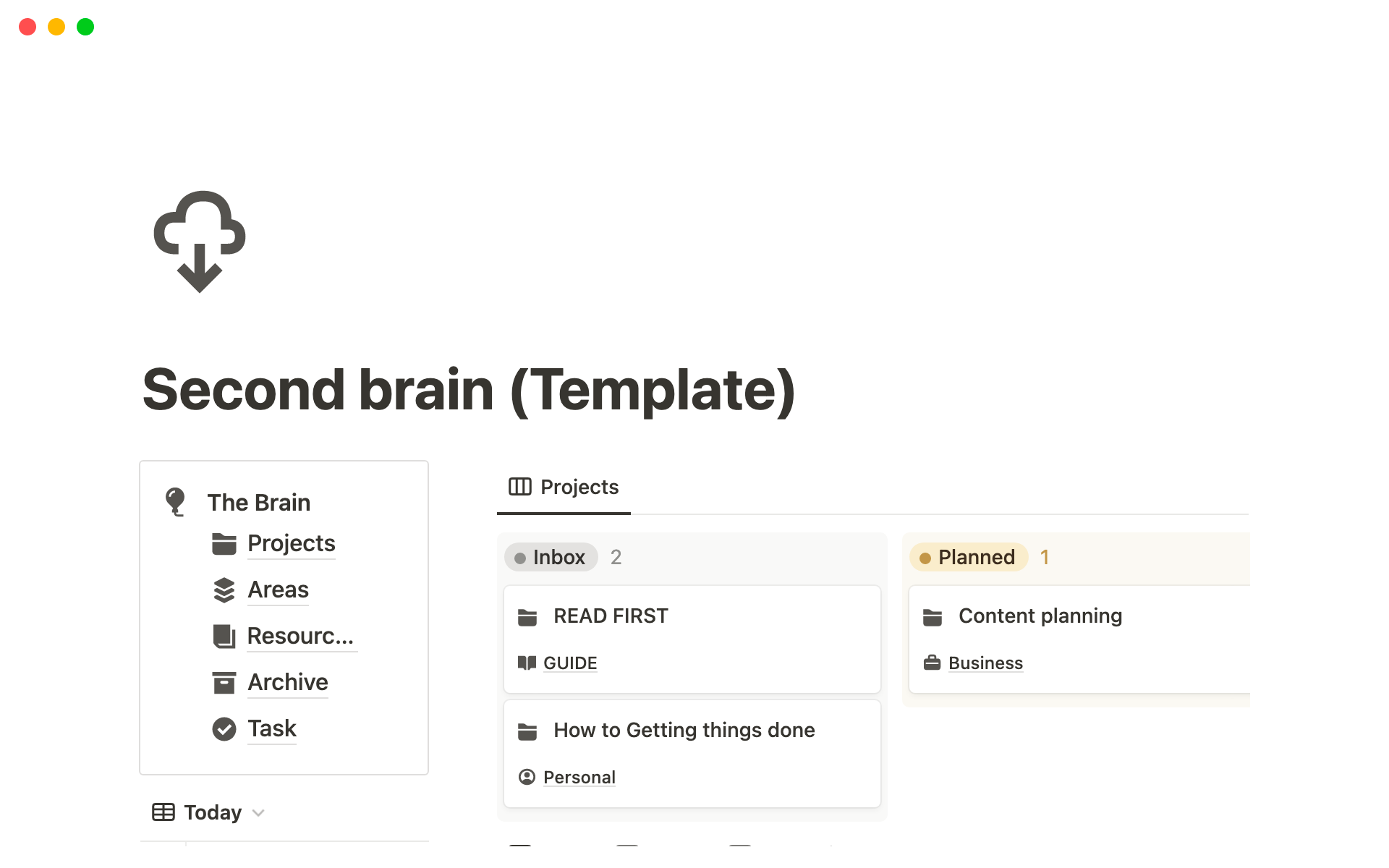 A template preview for Second Brain - Task and resource management