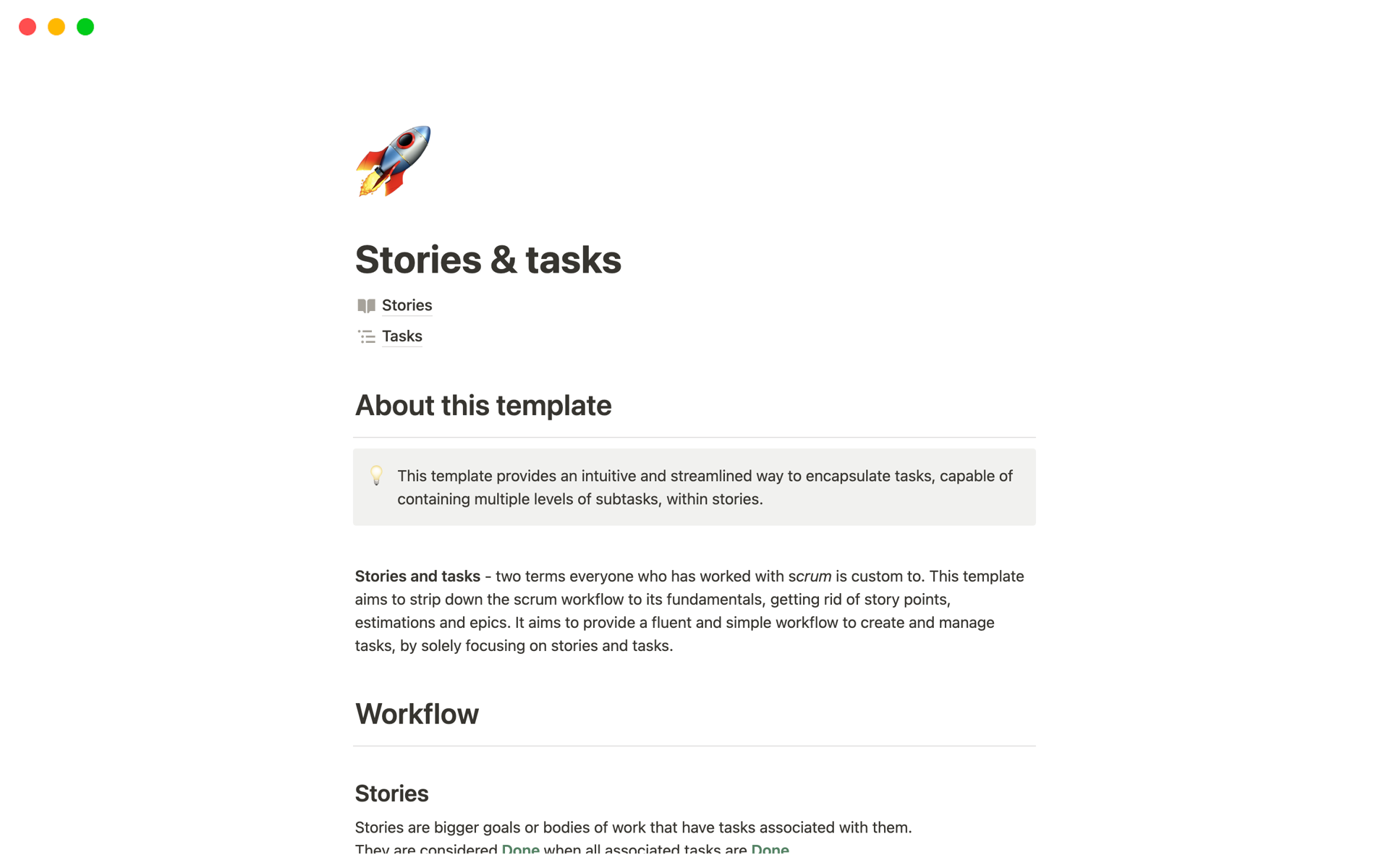 Vista previa de una plantilla para Stories & tasks
