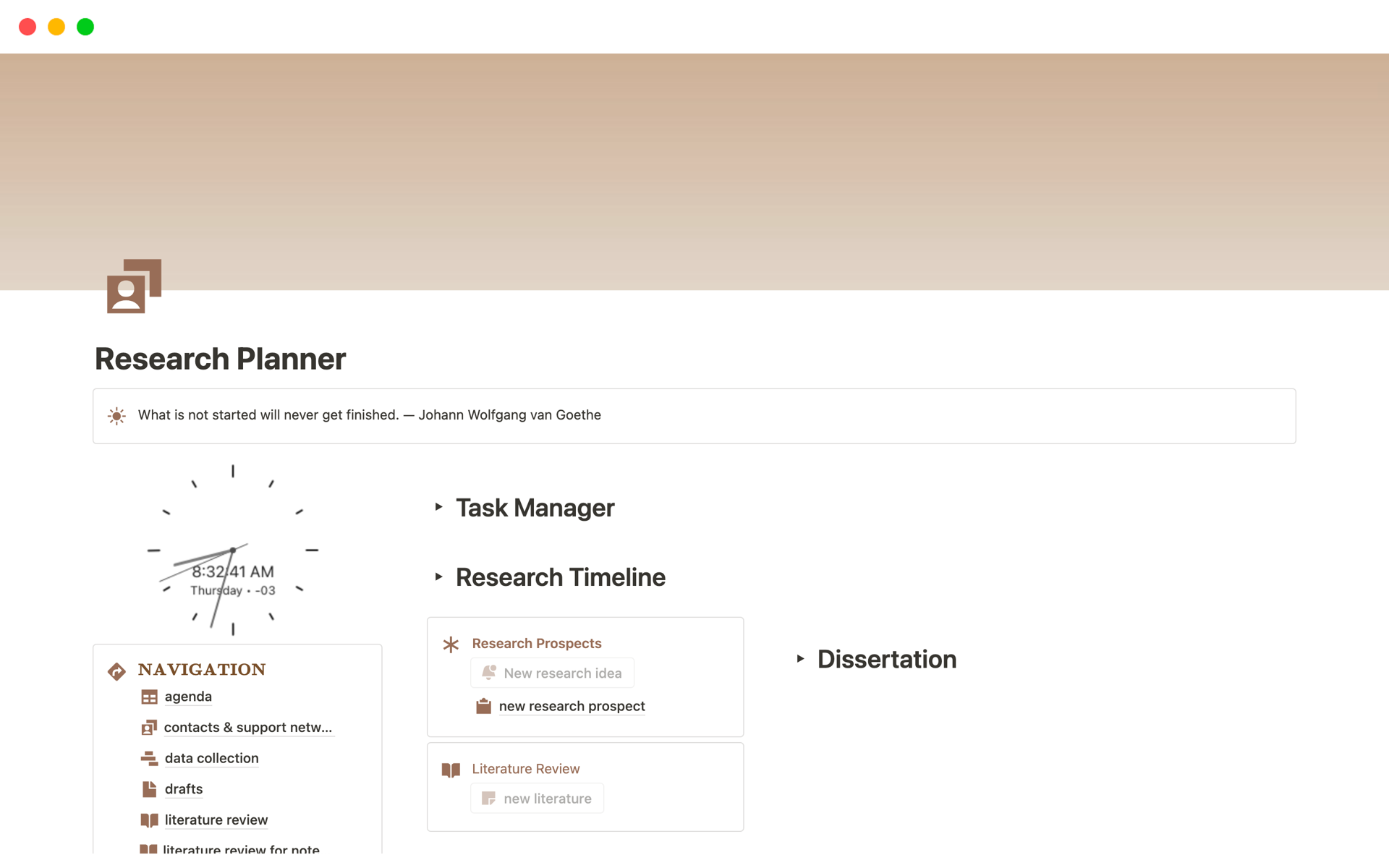 En forhåndsvisning av mal for Research Planner | Thesis template for PhD