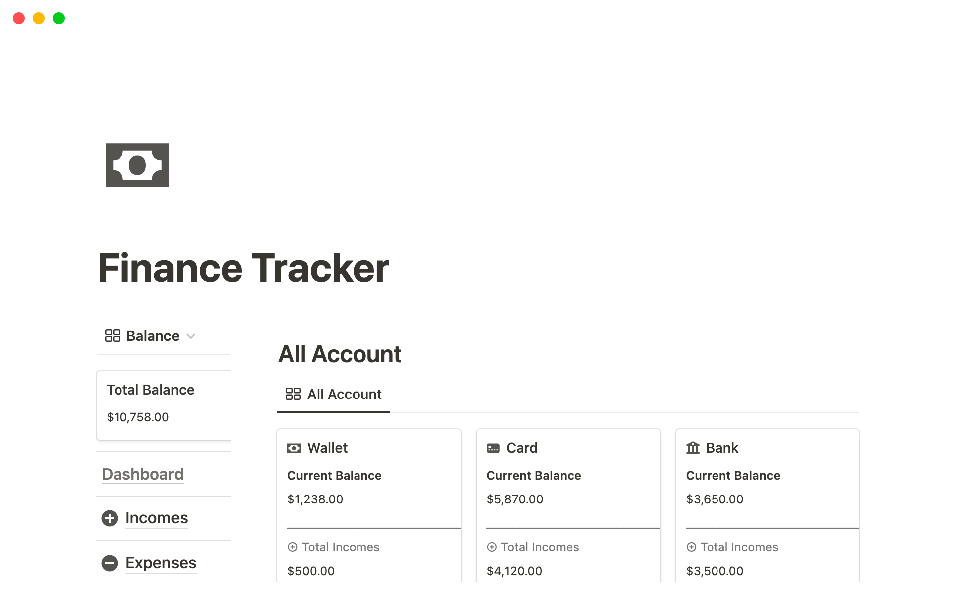 En förhandsgranskning av mallen för Finance Tracker Notion Template