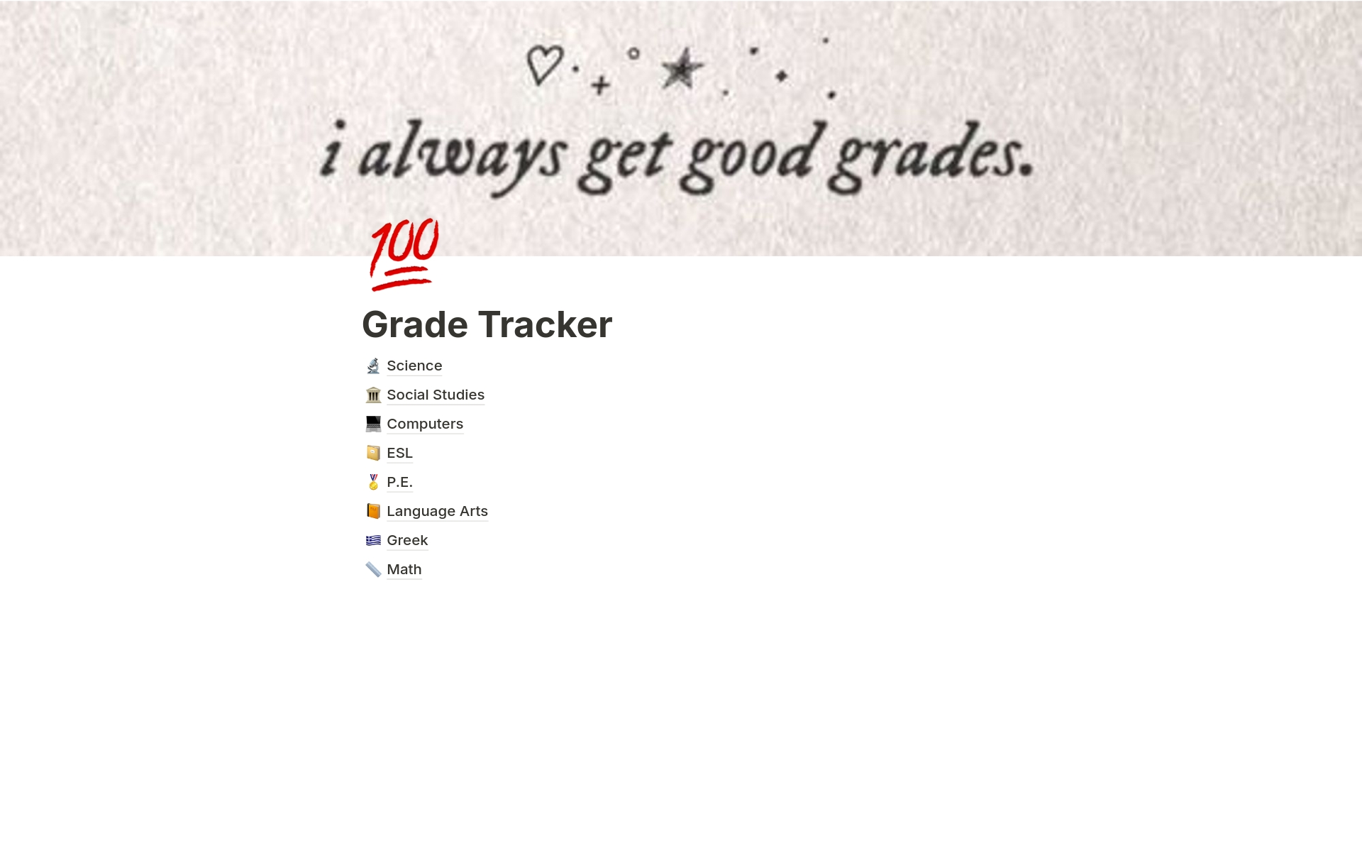 A template preview for Grade Tracker