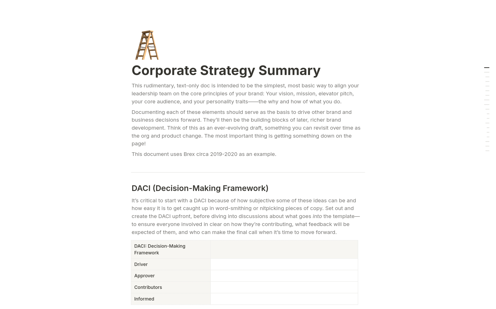 En forhåndsvisning av mal for Corporate Strategy Summary