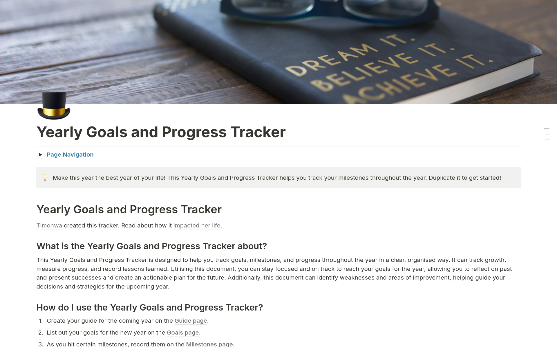 En forhåndsvisning av mal for Yearly Goals and Progress Tracker