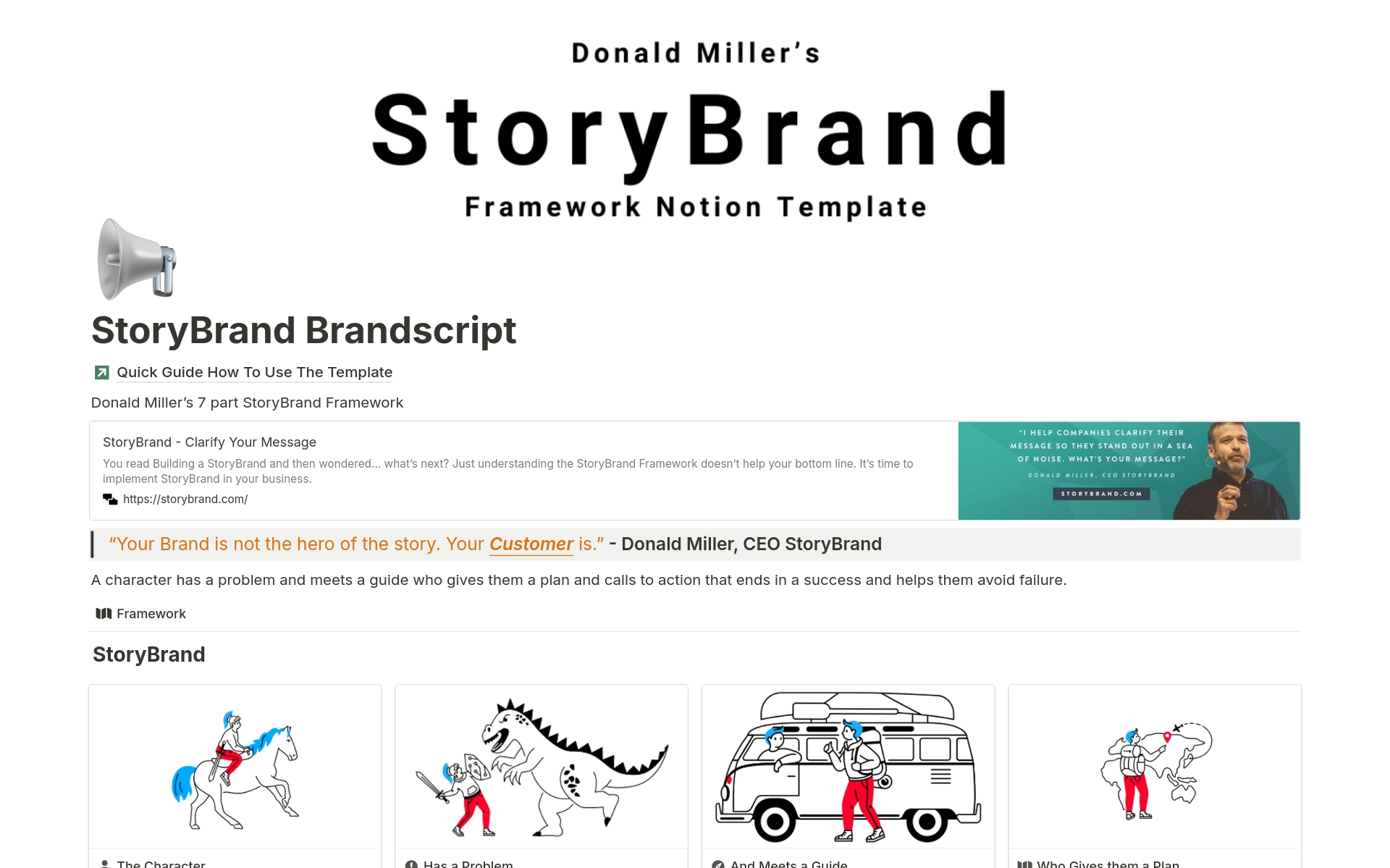 Donald Miller's 7 step StoryBrand Framework notion template to help you clarify your message.