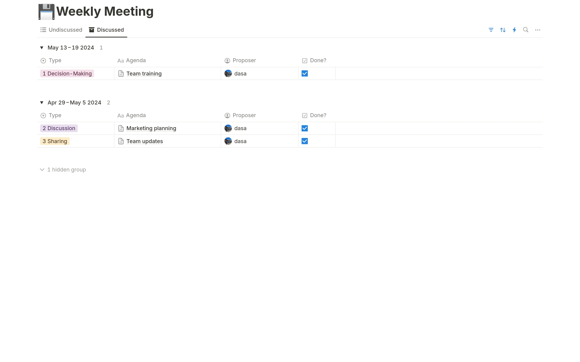 This template is designed for weekly meetings. It allows you to easily prepare agendas and efficiently organize weekly meetings. You can quickly grasp and manage previously discussed agendas at a glance.
