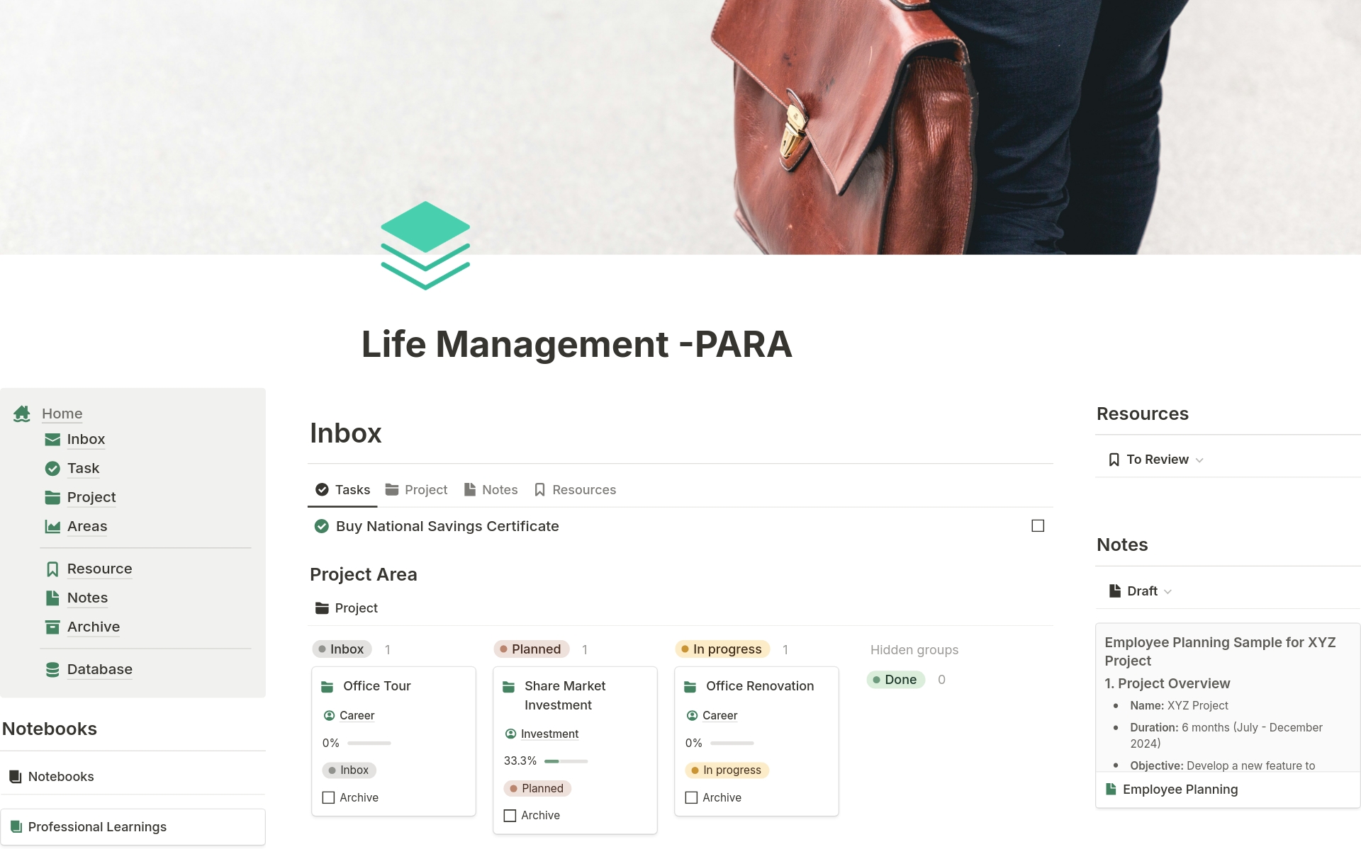 En forhåndsvisning av mal for Life Management -PARA