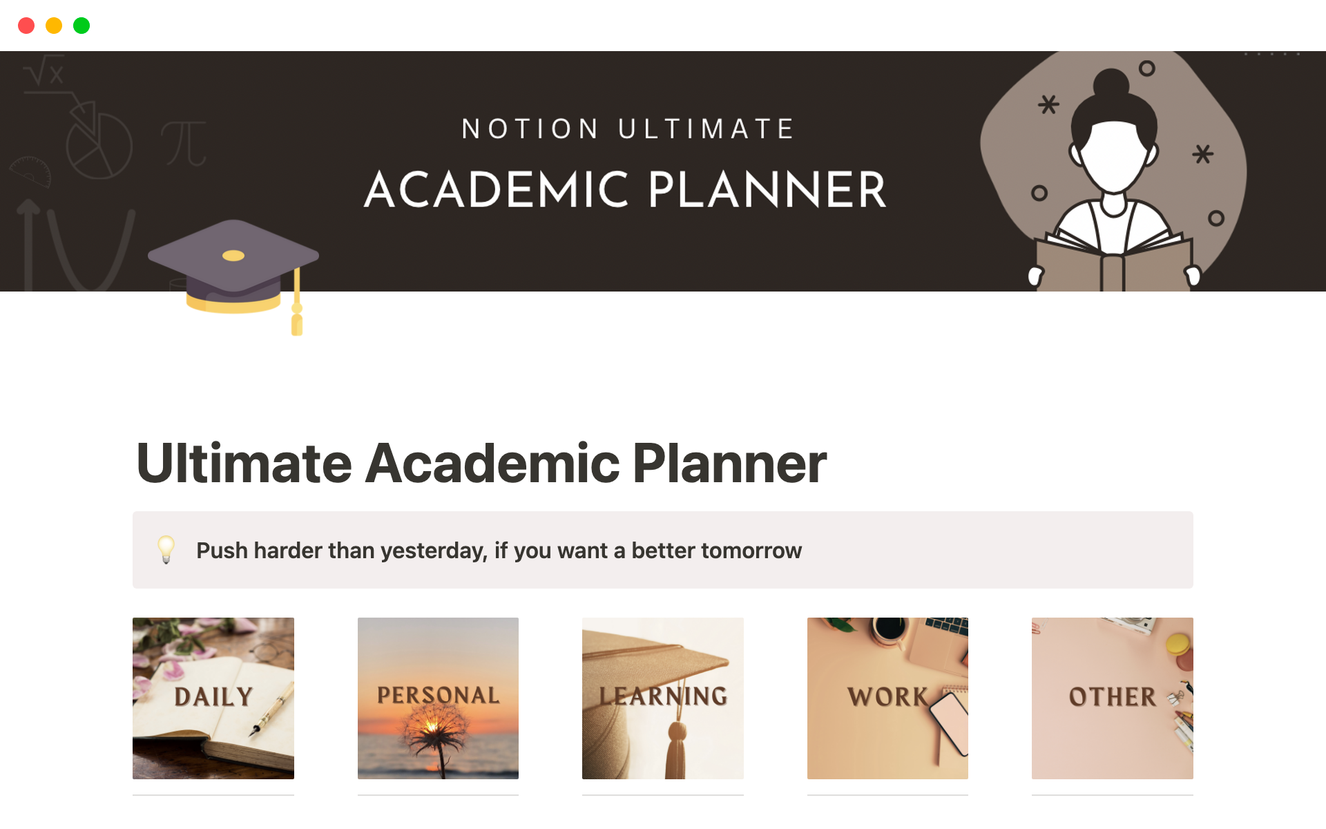 En forhåndsvisning av mal for The Best Ultimate Academic Notion Planner - All In One
