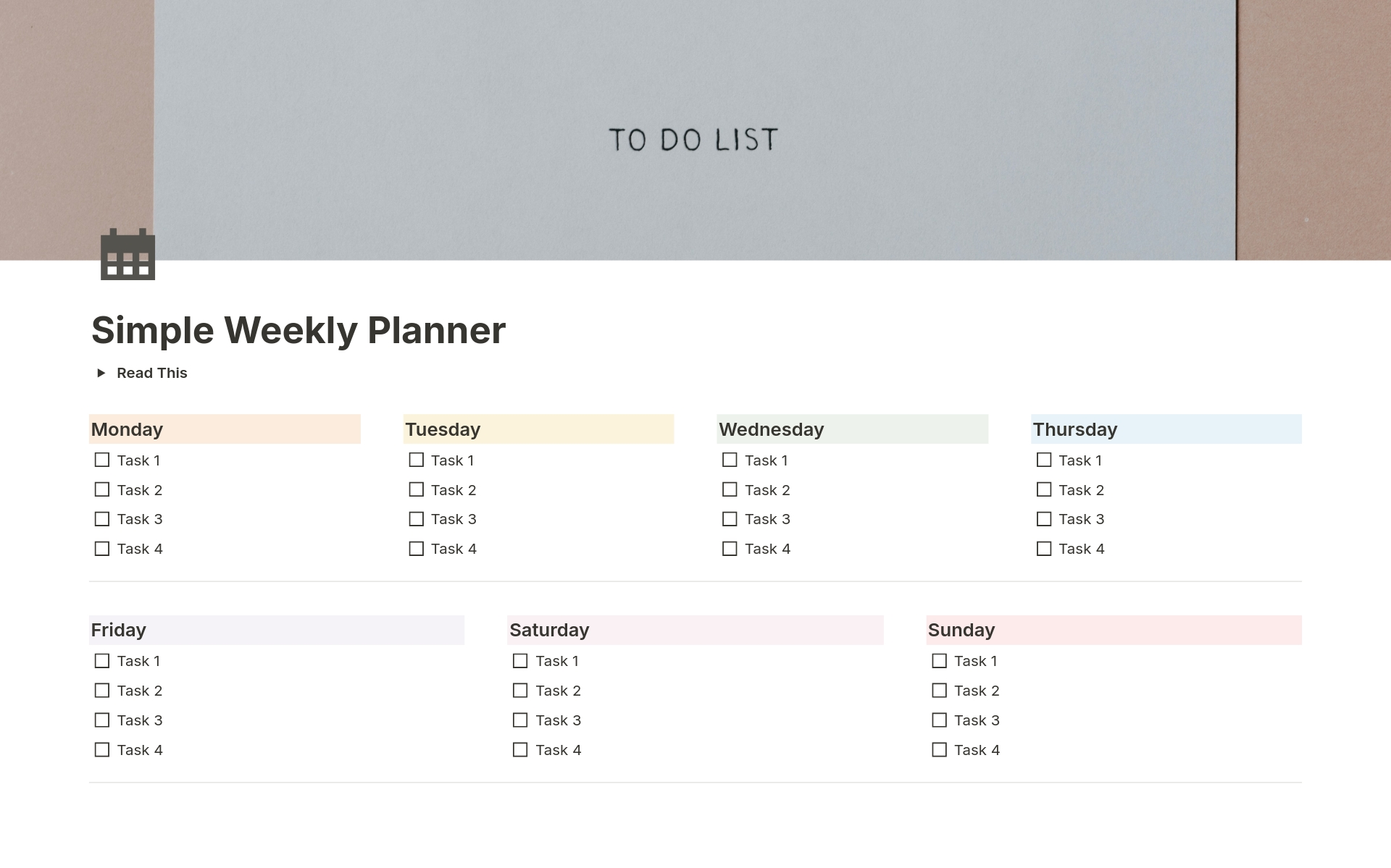 Vista previa de una plantilla para Simple Weekly Planner