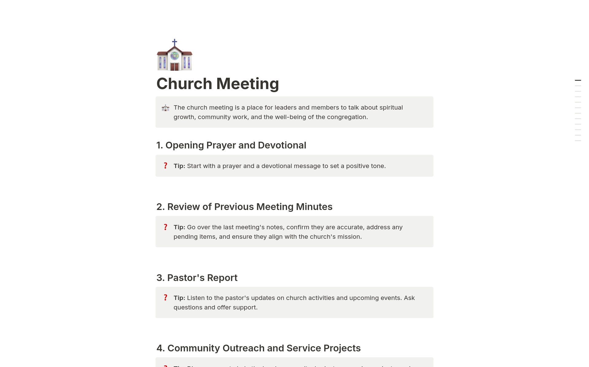 The church meeting is a place for leaders and members to talk about spiritual growth, community work, and the well-being of the congregation.