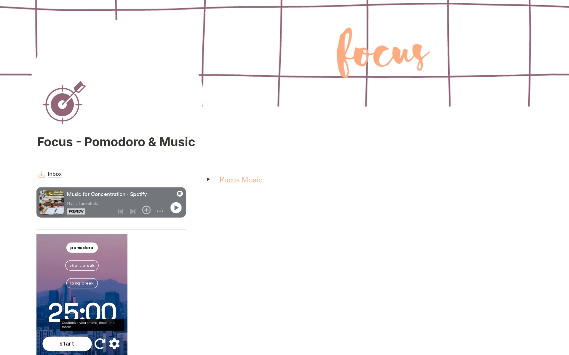 En förhandsgranskning av mallen för Focus Mode : Pomodoro & Lofi music