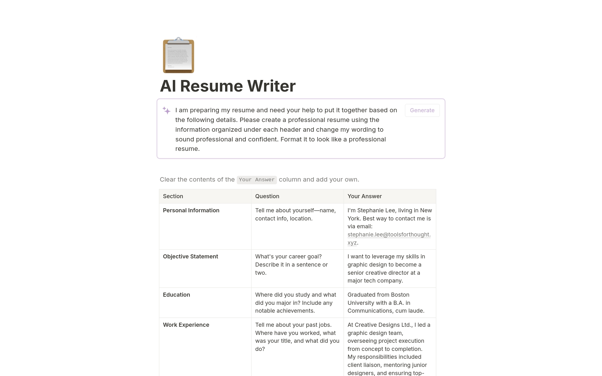 En förhandsgranskning av mallen för AI Resume Writer