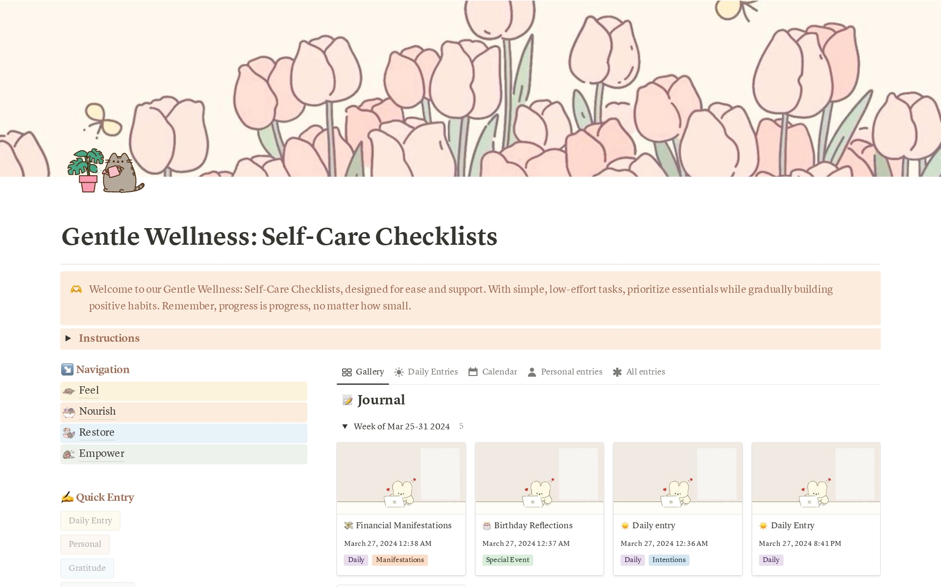 En förhandsgranskning av mallen för Gentle Wellness: Self Care Checklists